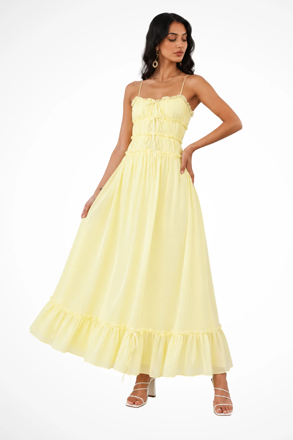 Celestine | Women Strappy Ruffle Tie Front Tiered Wedding Guest Maxi Dress - Image 3