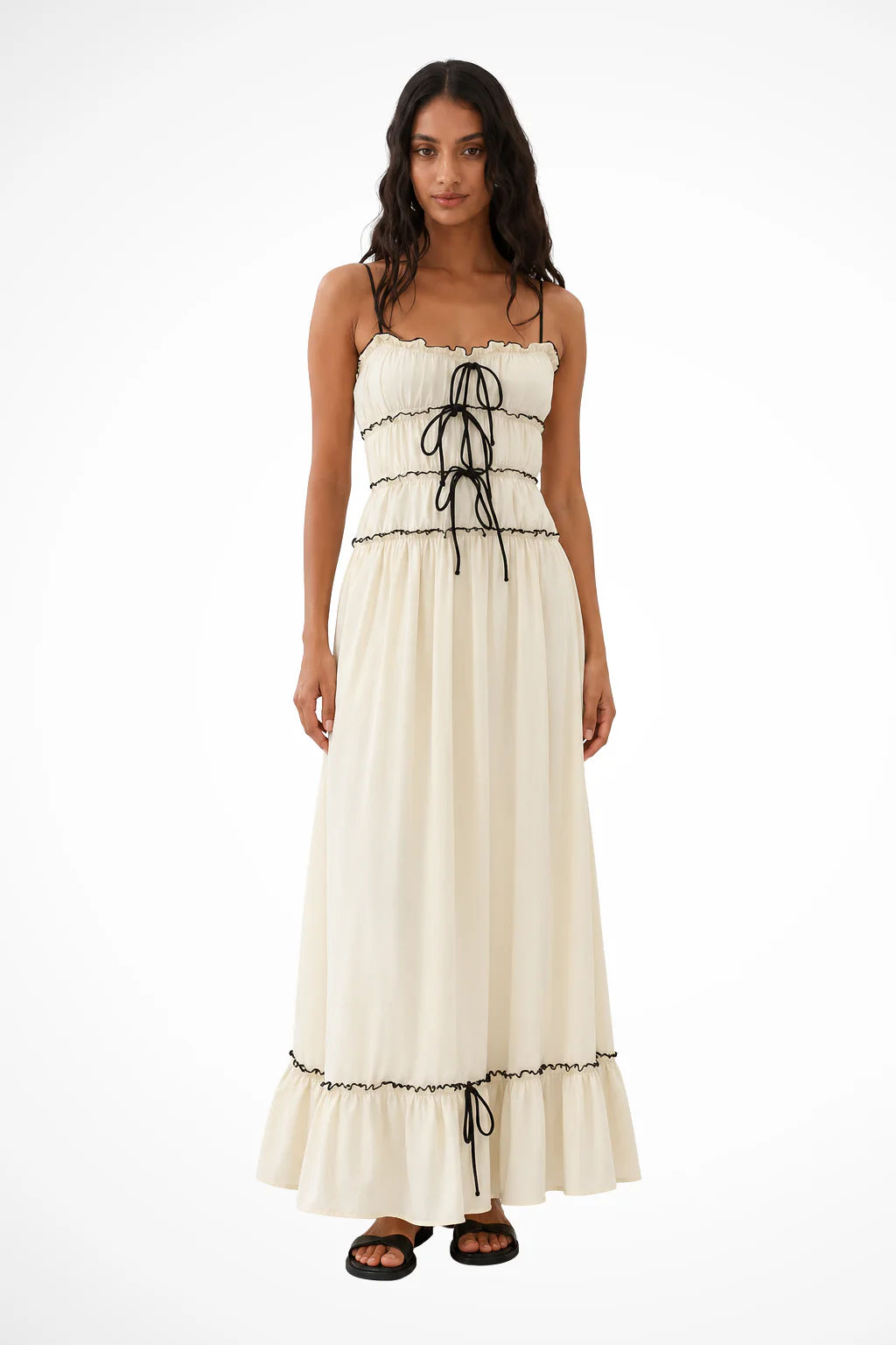 Celestine | Women Strappy Ruffle Tie Front Tiered Wedding Guest Maxi Dress - Image 4