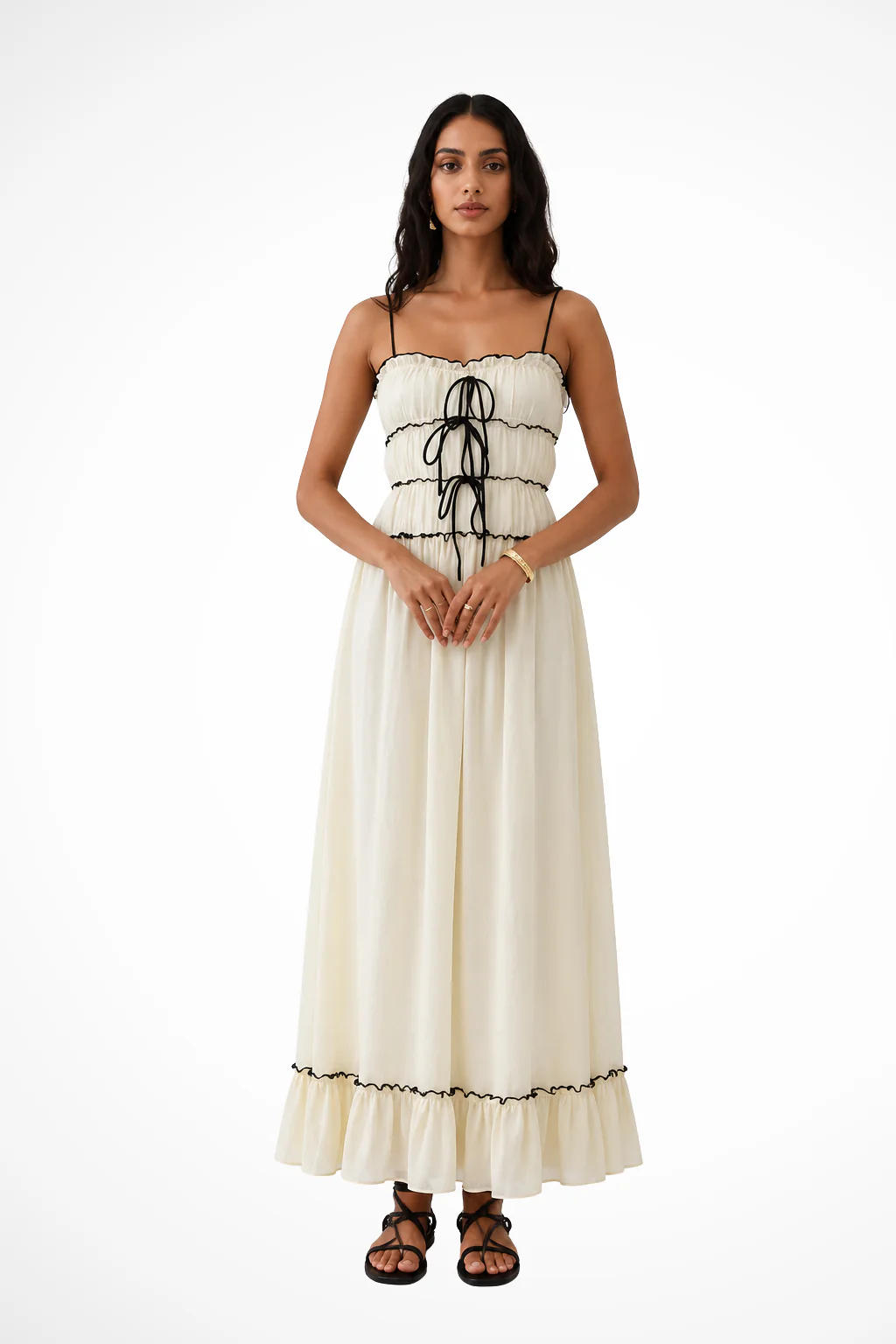 Celestine | Women Strappy Ruffle Tie Front Tiered Wedding Guest Maxi Dress - Image 6