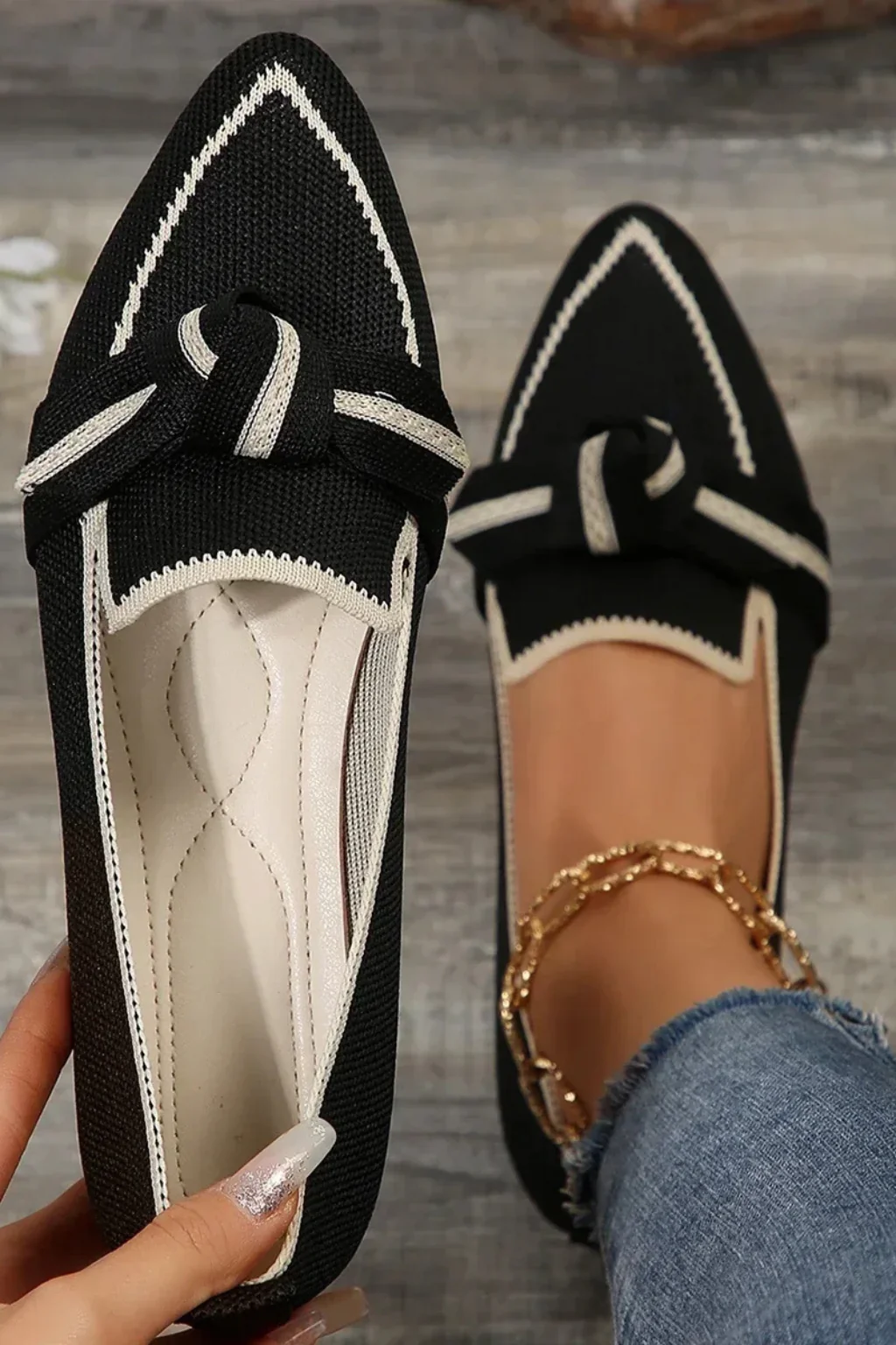 Celina | Women Pointed Toe Knit Bow Detail Ballet Flats - Image 4