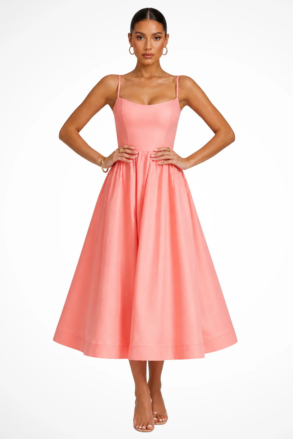 Clementine | Women Square Neck Cami Strap Flared Wedding Guest Midi Dress