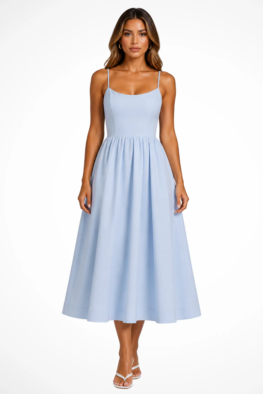 Clementine | Women Square Neck Cami Strap Flared Wedding Guest Midi Dress - Image 3