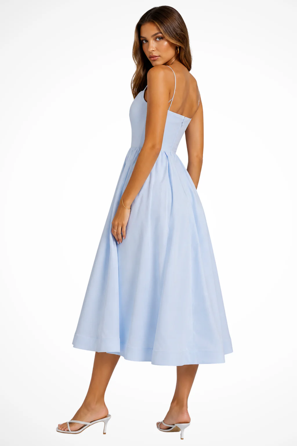 Clementine | Women Square Neck Cami Strap Flared Wedding Guest Midi Dress - Image 4