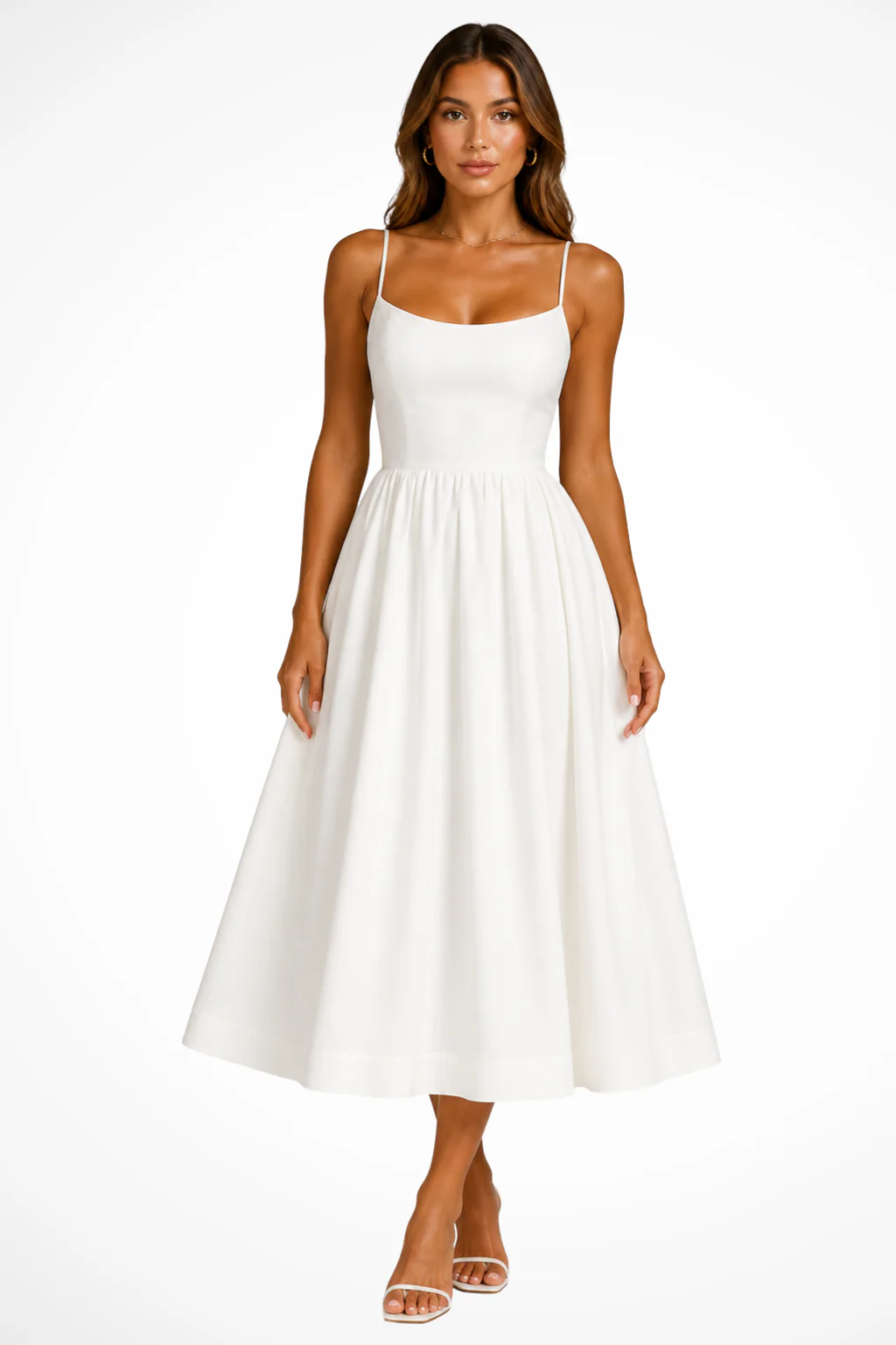 Clementine | Women Square Neck Cami Strap Flared Wedding Guest Midi Dress - Image 5