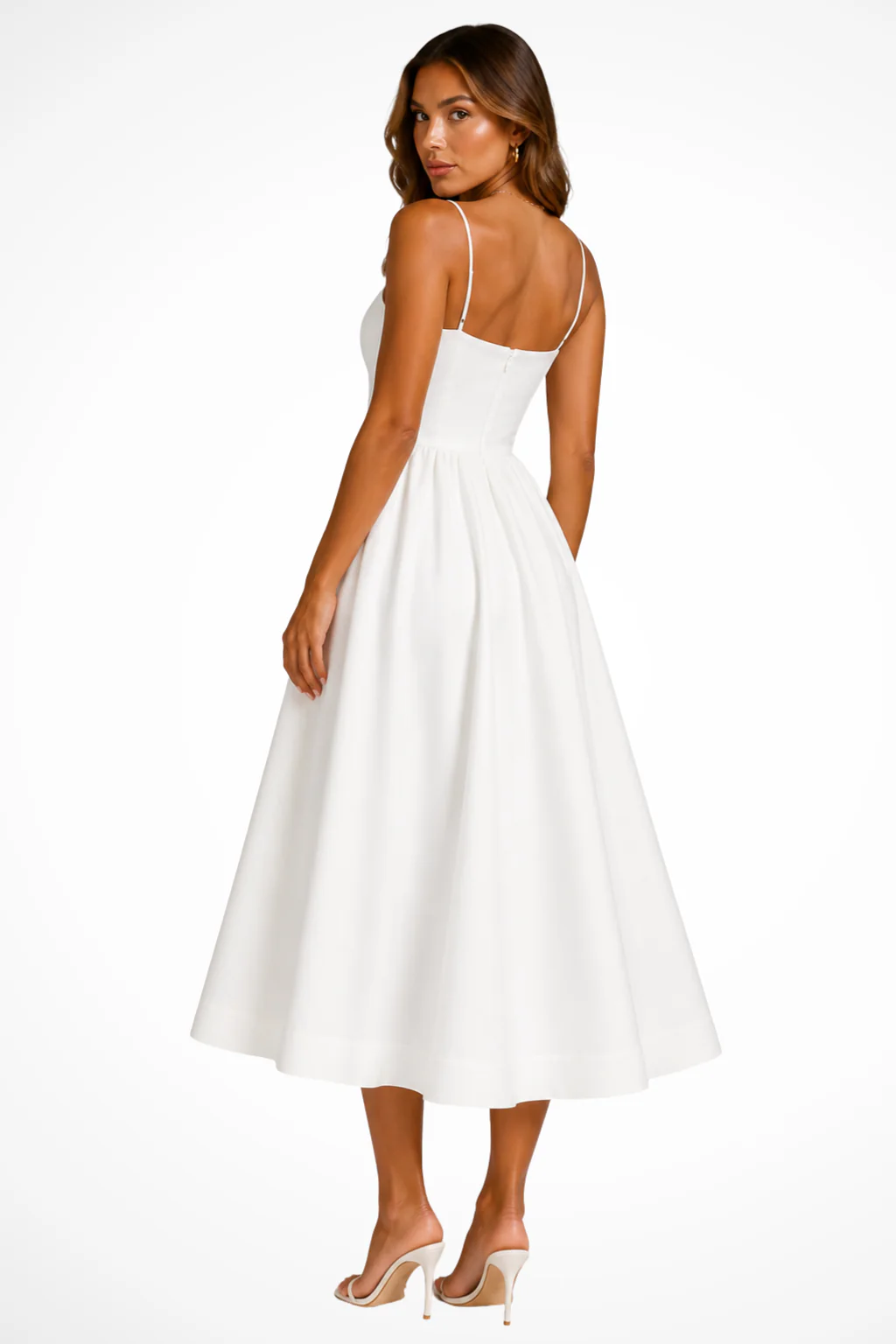Clementine | Women Square Neck Cami Strap Flared Wedding Guest Midi Dress - Image 6