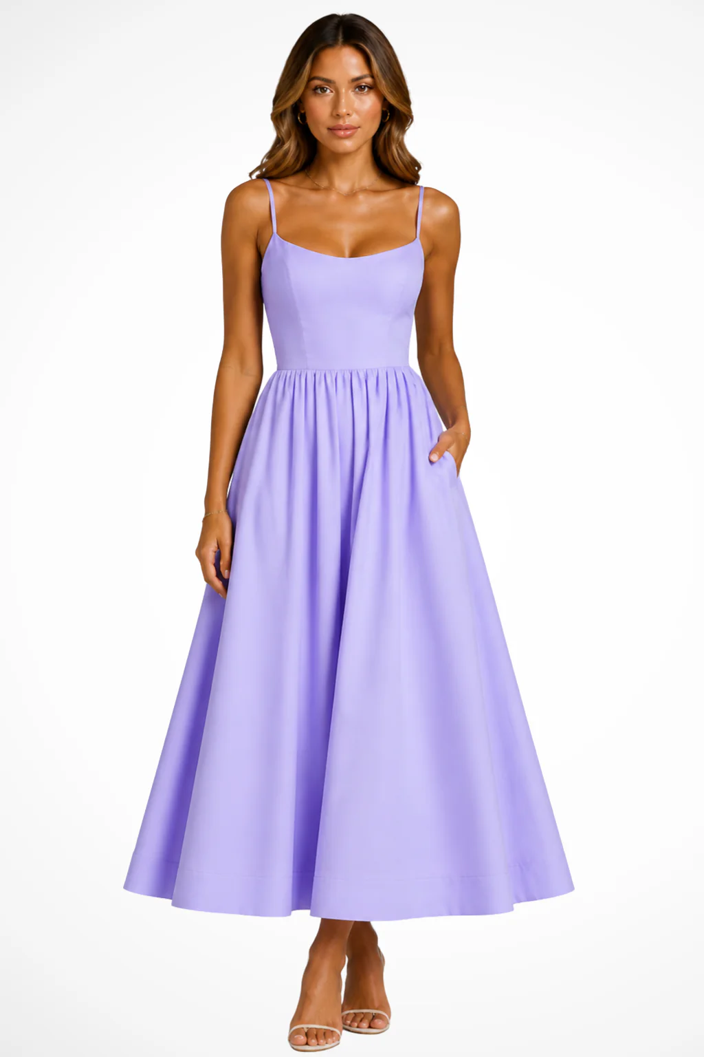Clementine | Women Square Neck Cami Strap Flared Wedding Guest Midi Dress - Image 7