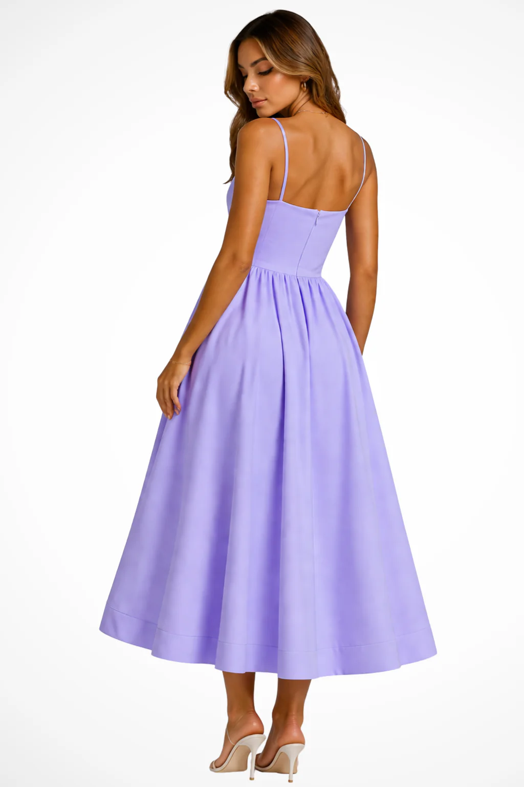 Clementine | Women Square Neck Cami Strap Flared Wedding Guest Midi Dress - Image 8