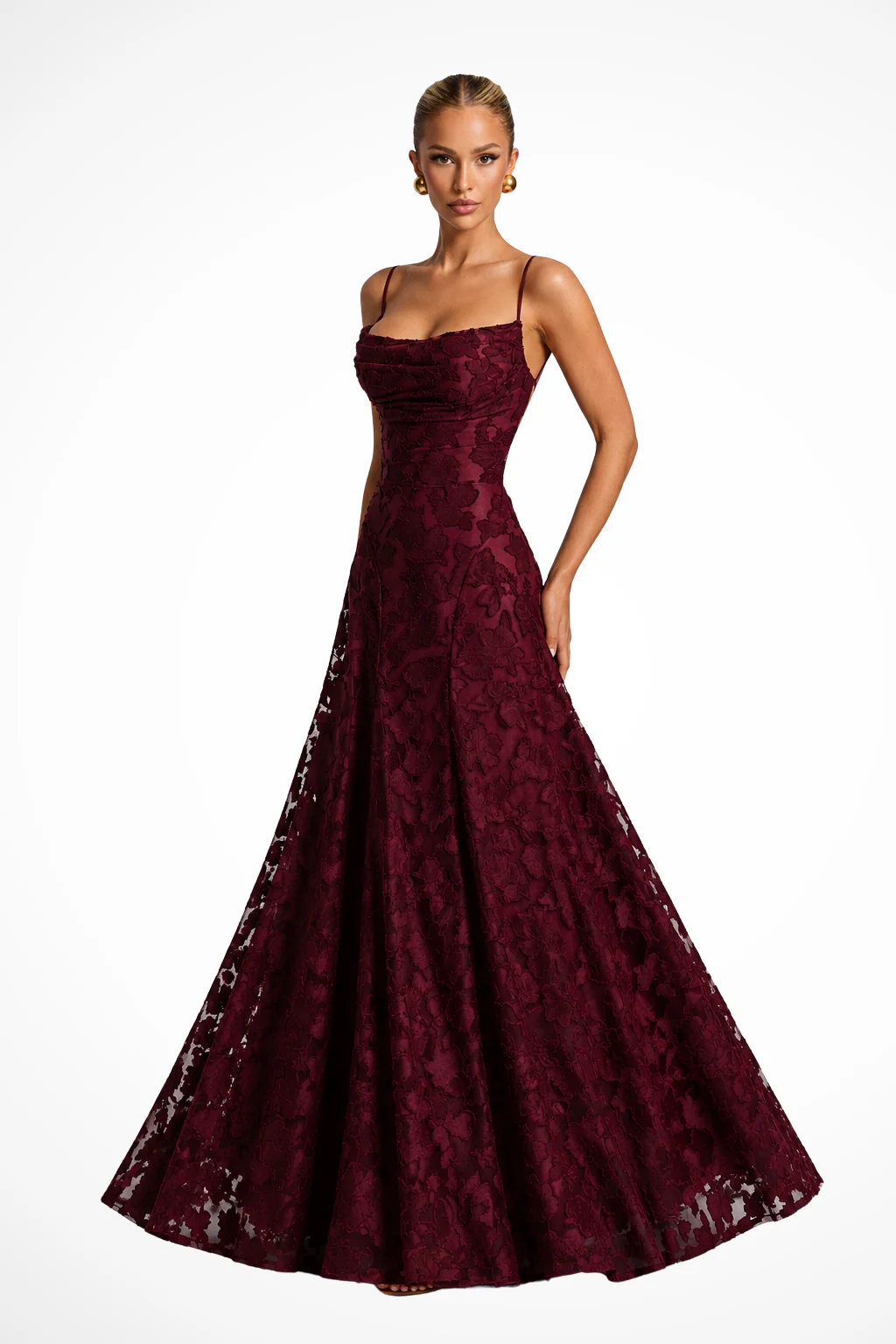 Cordelia | Women Cowl Neck Floral Lace Wedding Guest Maxi Dress - Image 9