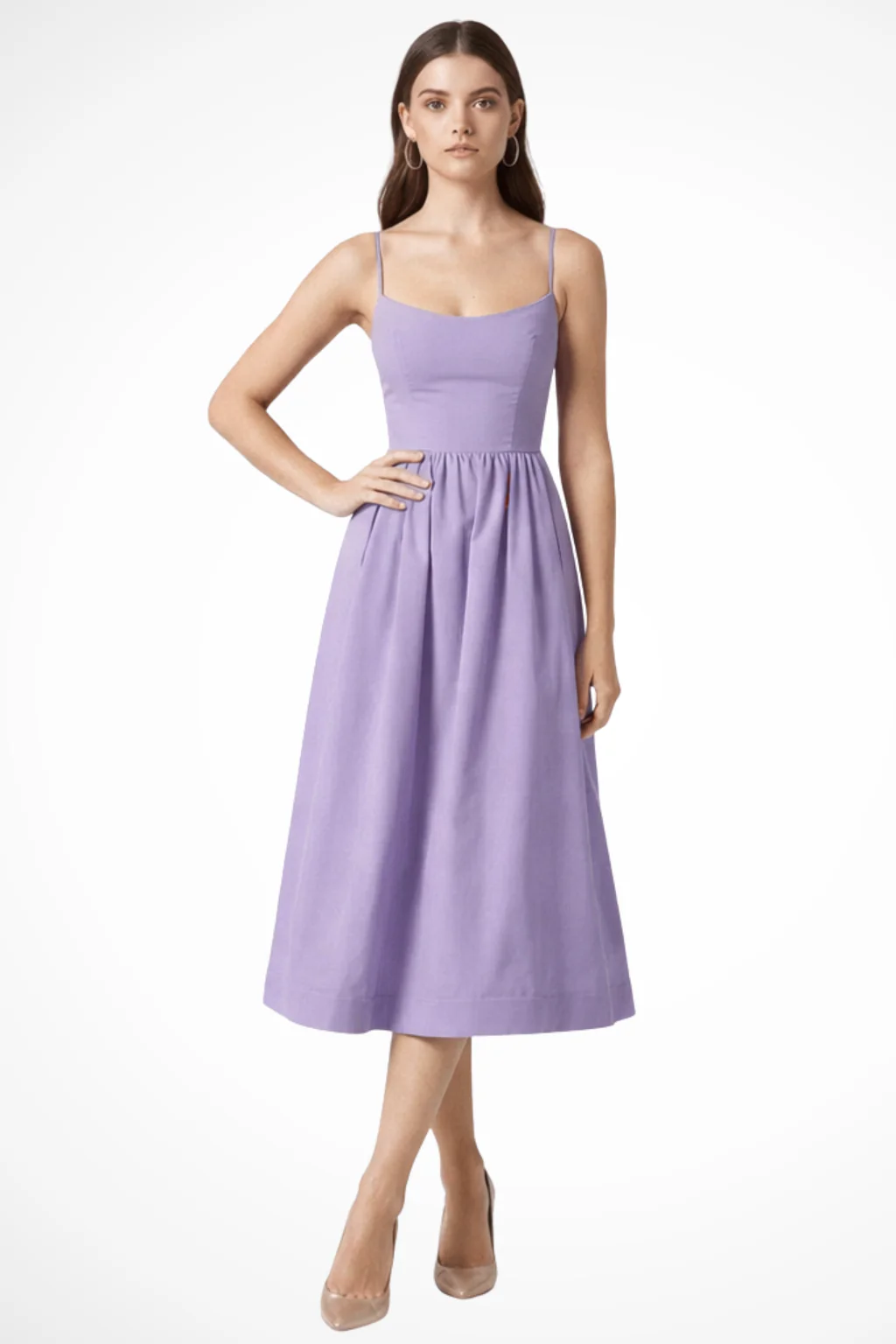 Cordelia | Women Lavender Strappy Fit and Flare Midi Wedding Guest Dress - Image 4