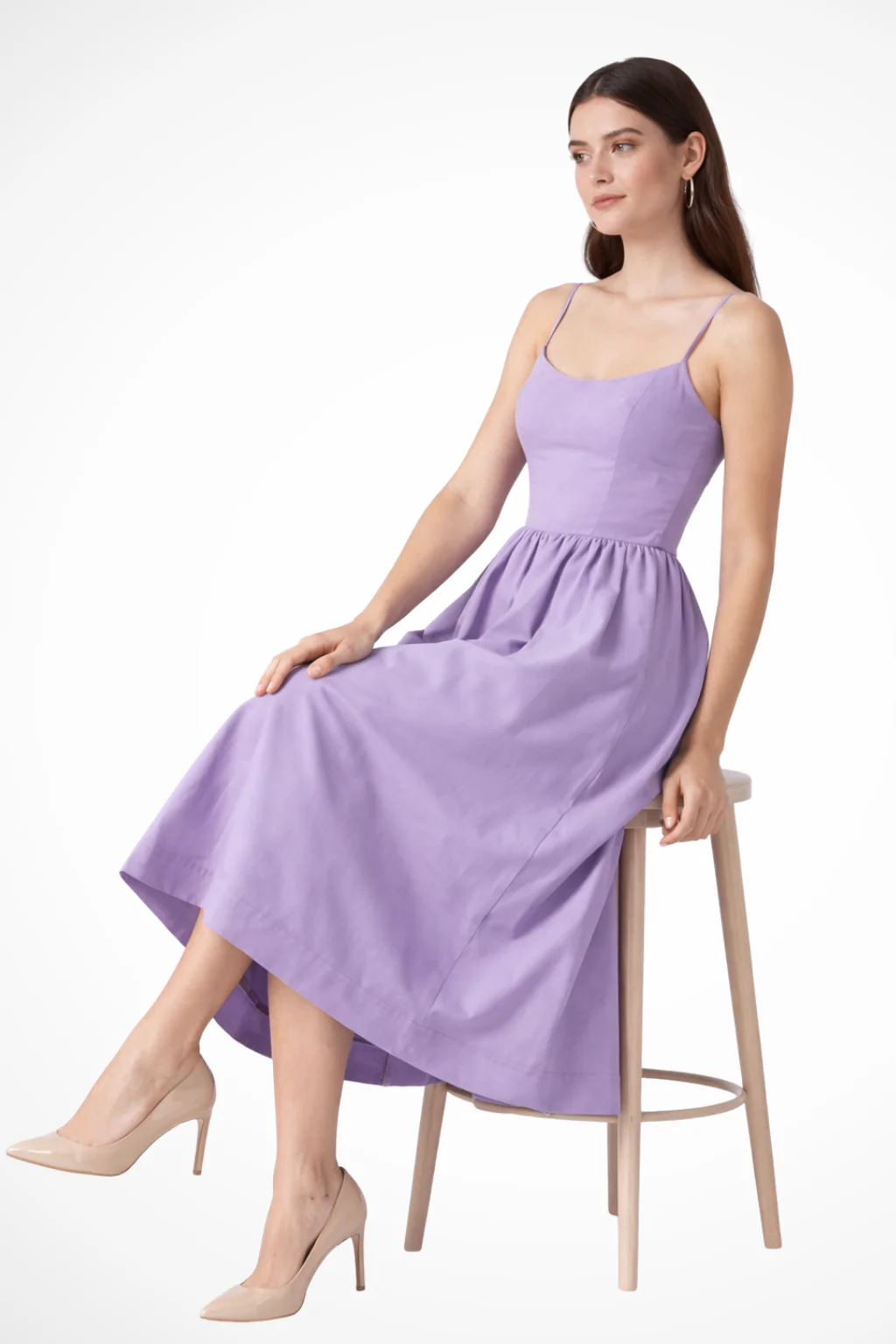 Cordelia | Women Lavender Strappy Fit and Flare Midi Wedding Guest Dress - Image 5