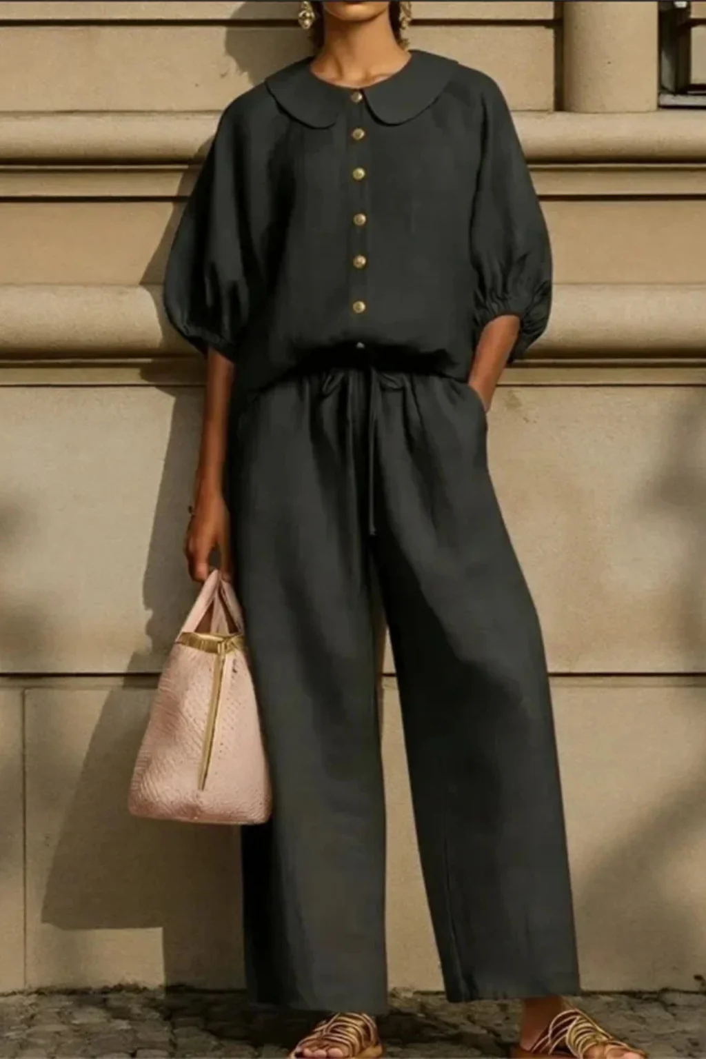 Cordelia | Women Linen Co Ord Set with Peter Pan Collar Blouse and Wide Leg Trousers - Image 2