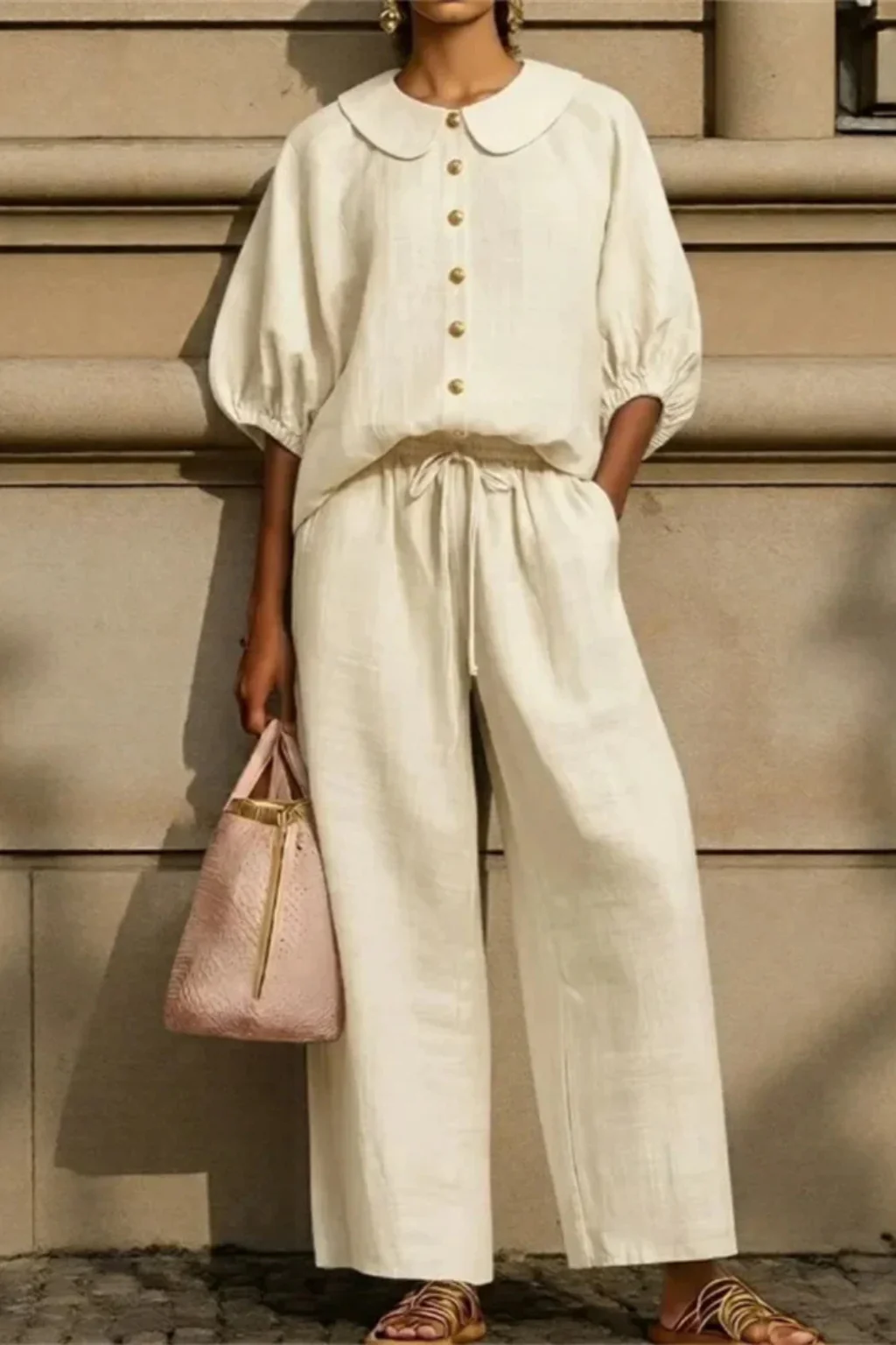 Cordelia | Women Linen Co Ord Set with Peter Pan Collar Blouse and Wide Leg Trousers - Image 4