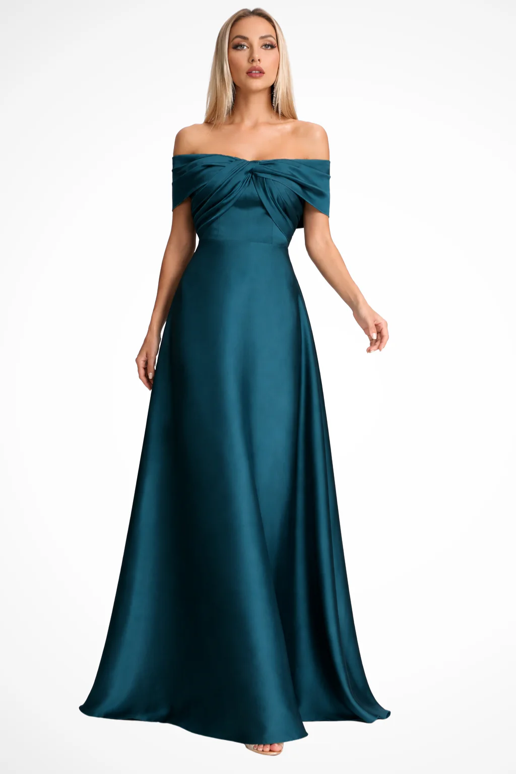 Cordelia | Women Off Shoulder Twisted Pleated Satin Wedding Guest Maxi Dress - Image 3