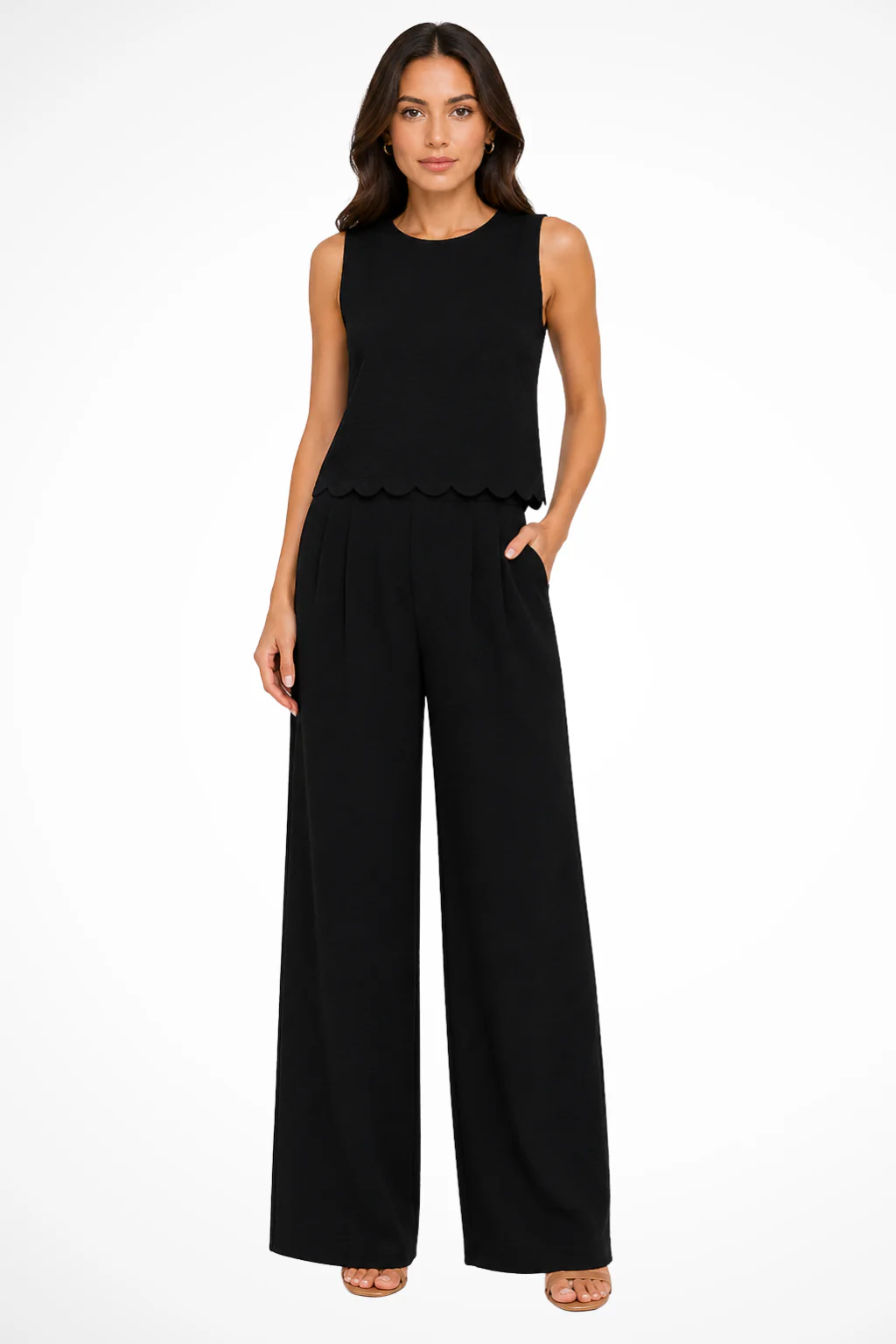 Corinna | Women Sleeveless Scallop Hem Tie Back Top and Wide Leg Trousers Textured Set