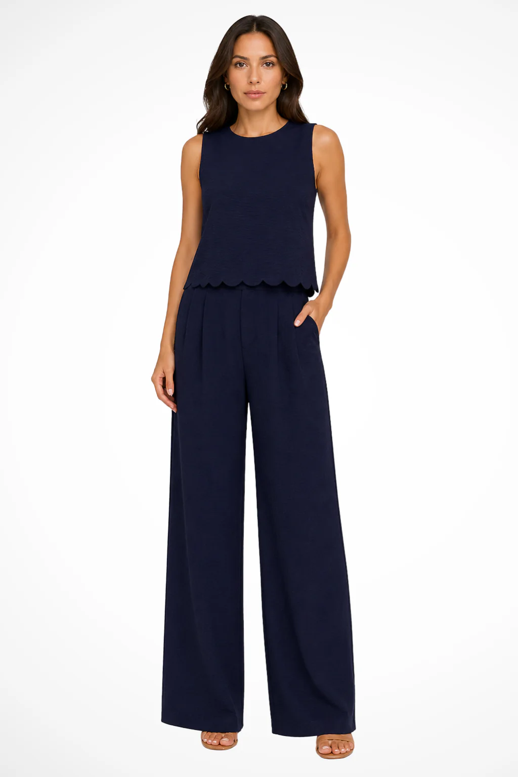 Corinna | Women Sleeveless Scallop Hem Tie Back Top and Wide Leg Trousers Textured Set - Image 6