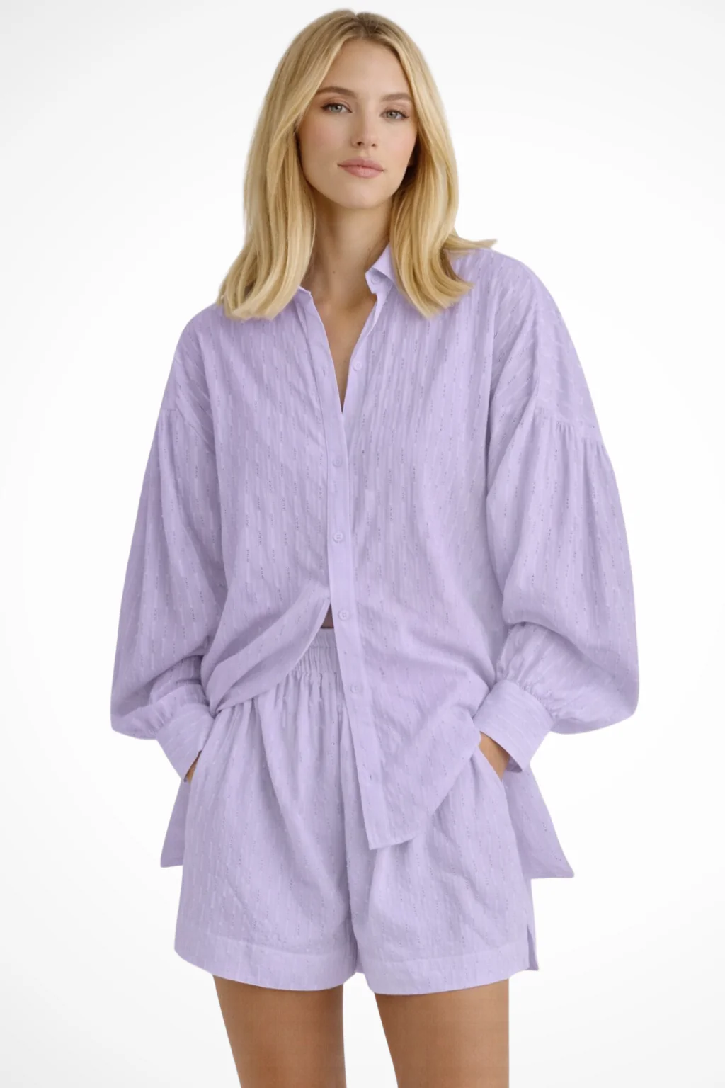 Darla | Women Oversized Long Sleeve Broderie Shirt and Matching Shorts Summer Set - Image 5