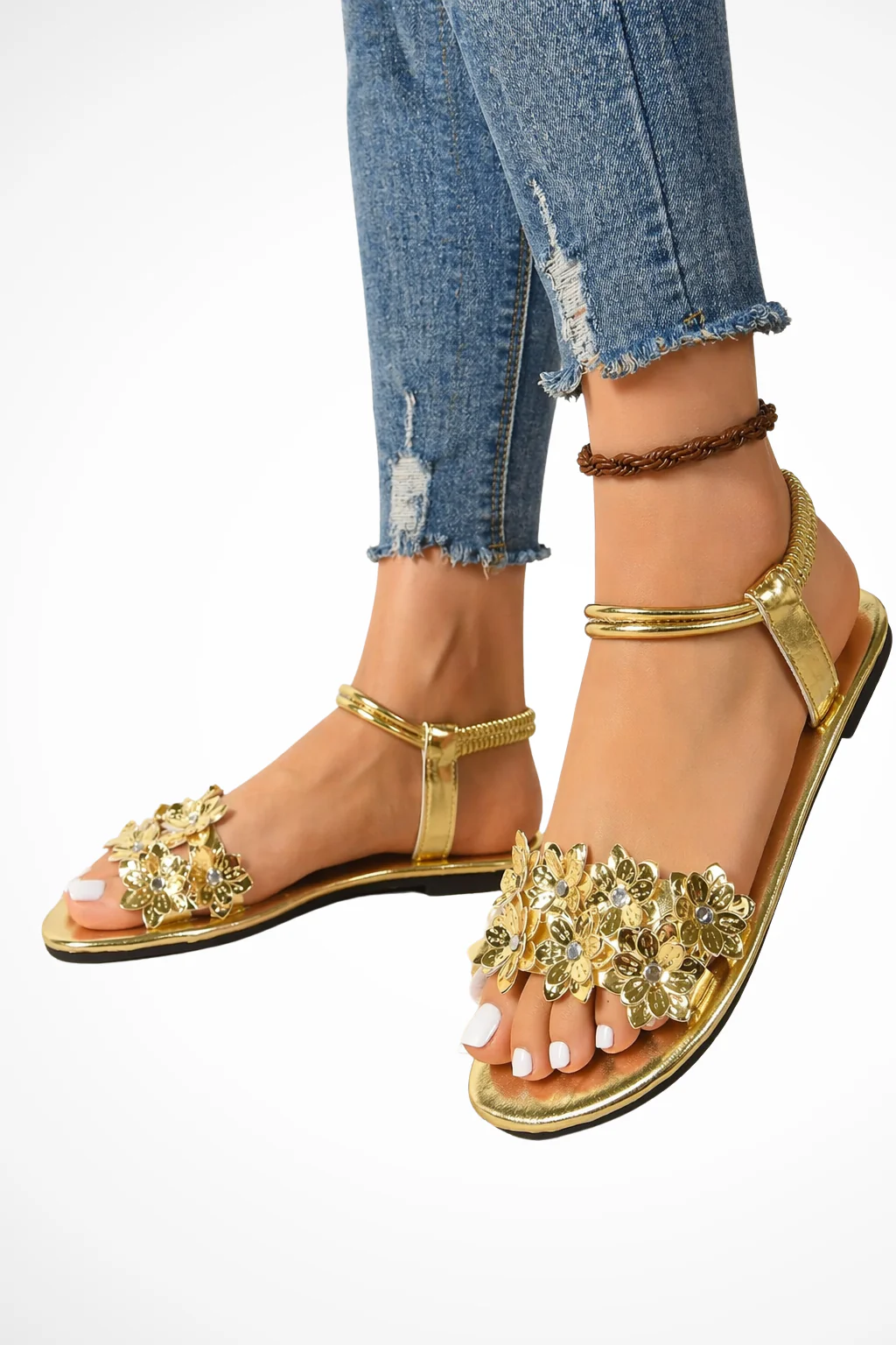 Dorothea | Women Floral Embellished Flat Ankle Strap Gold Sandals - Image 3
