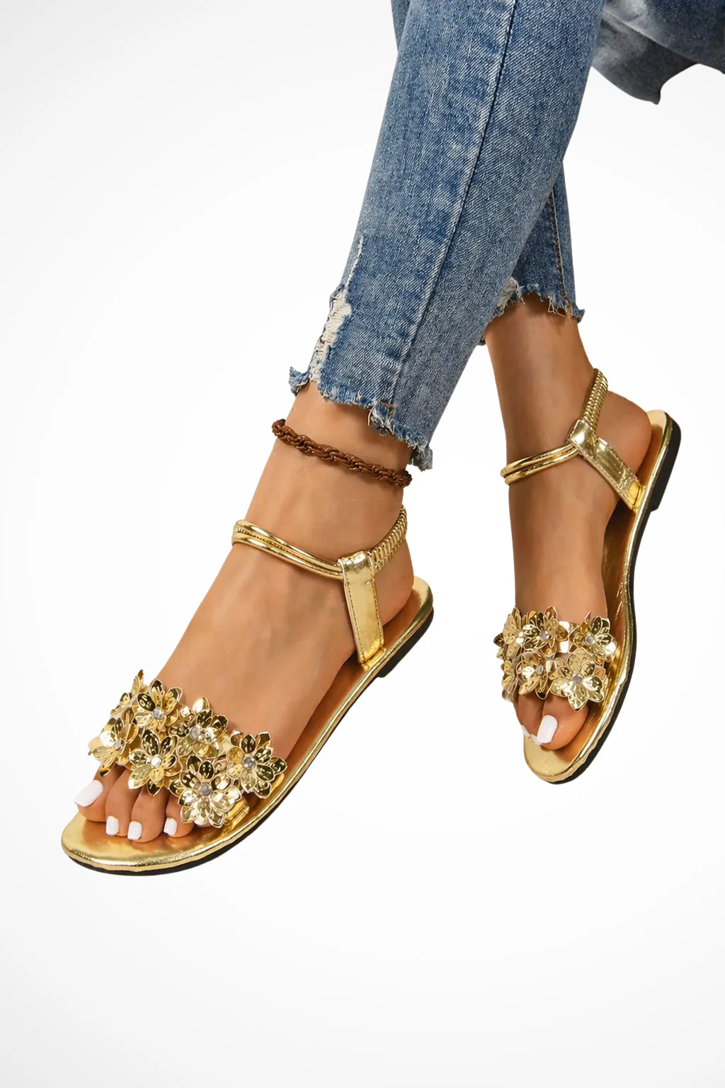 Dorothea | Women Floral Embellished Flat Ankle Strap Gold Sandals - Image 4