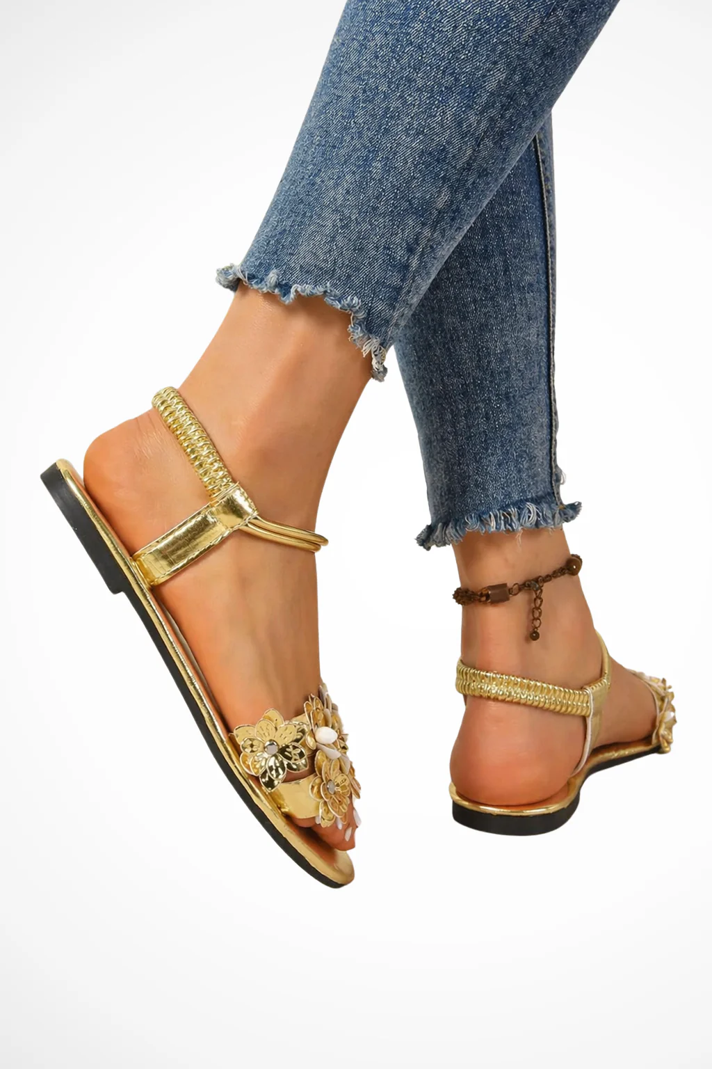 Dorothea | Women Floral Embellished Flat Ankle Strap Gold Sandals - Image 5