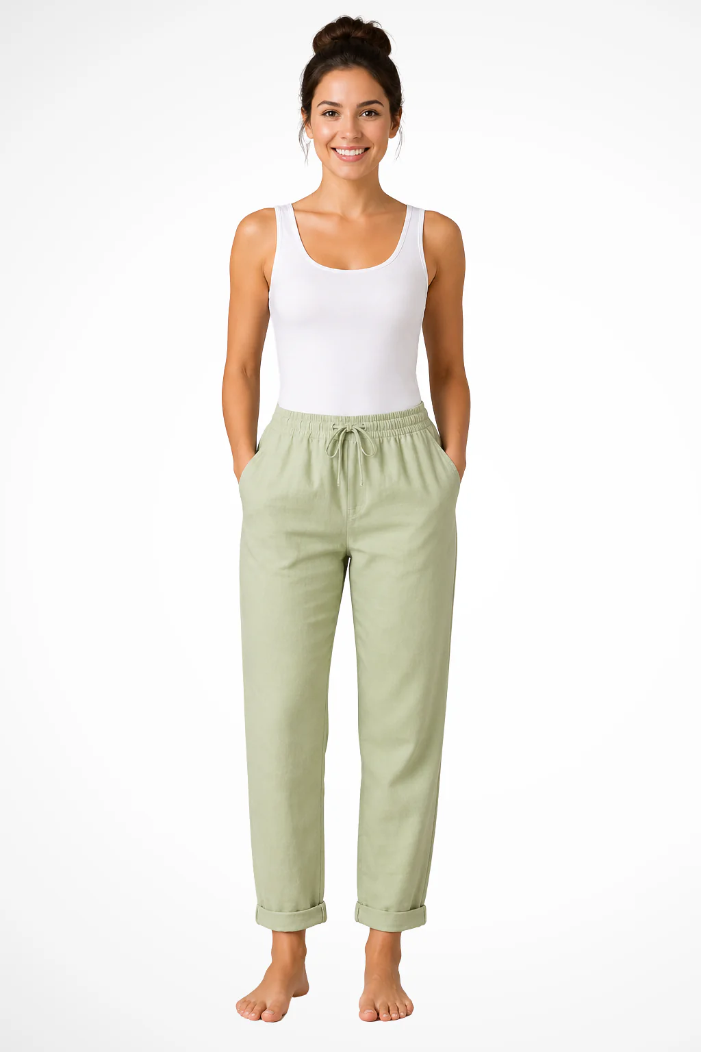 Elowen | Women Linen Straight Leg Cropped Trousers with Drawstring Waist - Image 3