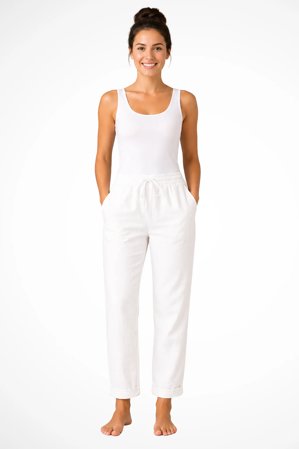 Elowen | Women Linen Straight Leg Cropped Trousers with Drawstring Waist - Image 4