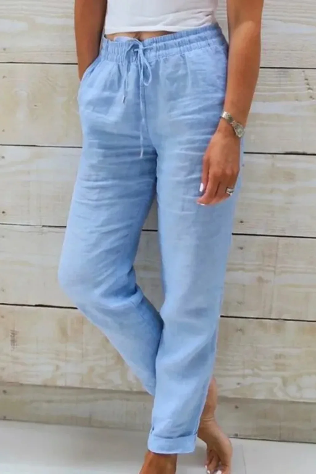 Elowen | Women Linen Straight Leg Cropped Trousers with Drawstring Waist - Image 5