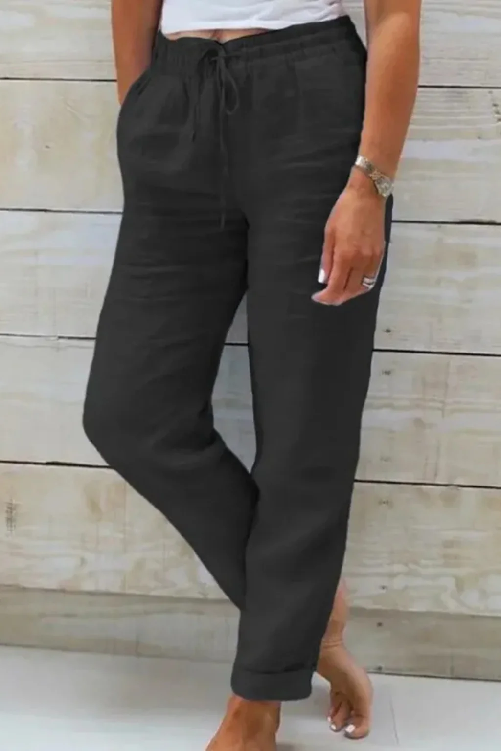 Elowen | Women Linen Straight Leg Cropped Trousers with Drawstring Waist - Image 6