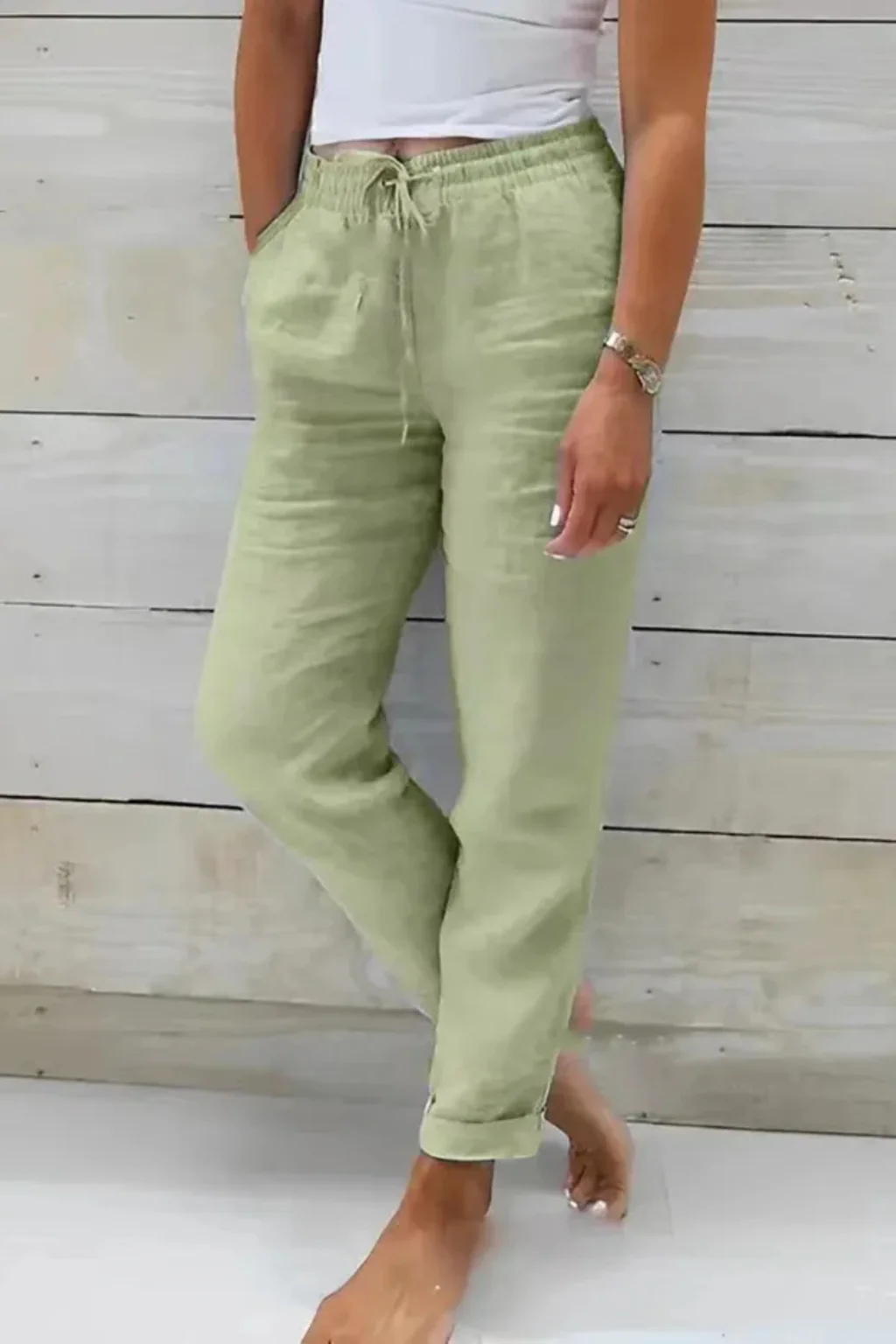 Elowen | Women Linen Straight Leg Cropped Trousers with Drawstring Waist - Image 7