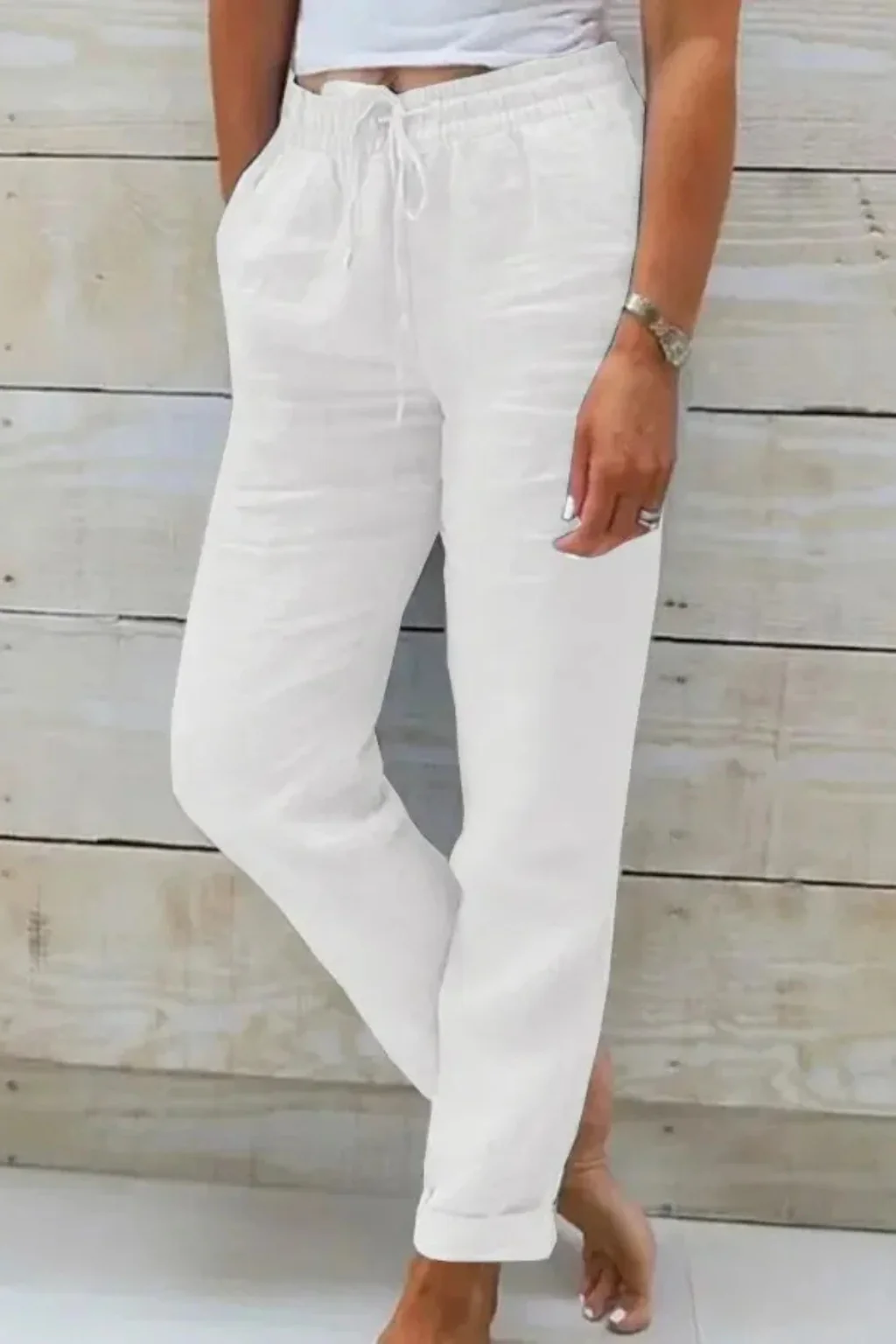 Elowen | Women Linen Straight Leg Cropped Trousers with Drawstring Waist - Image 8