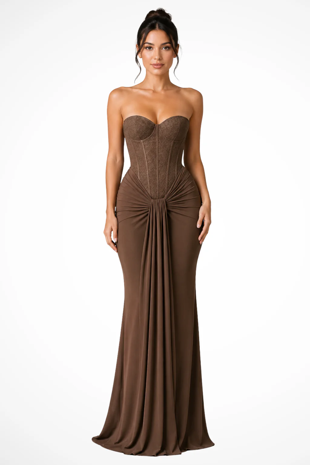 Evangeline | Women Lace Corset Strapless Draped Wedding Guest Maxi Dress - Image 10