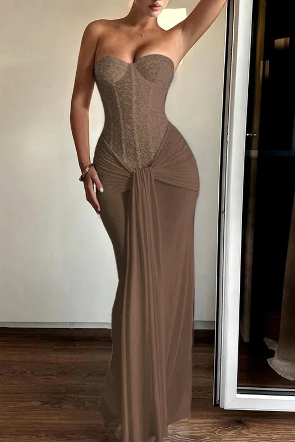 Evangeline | Women Lace Corset Strapless Draped Wedding Guest Maxi Dress - Image 11