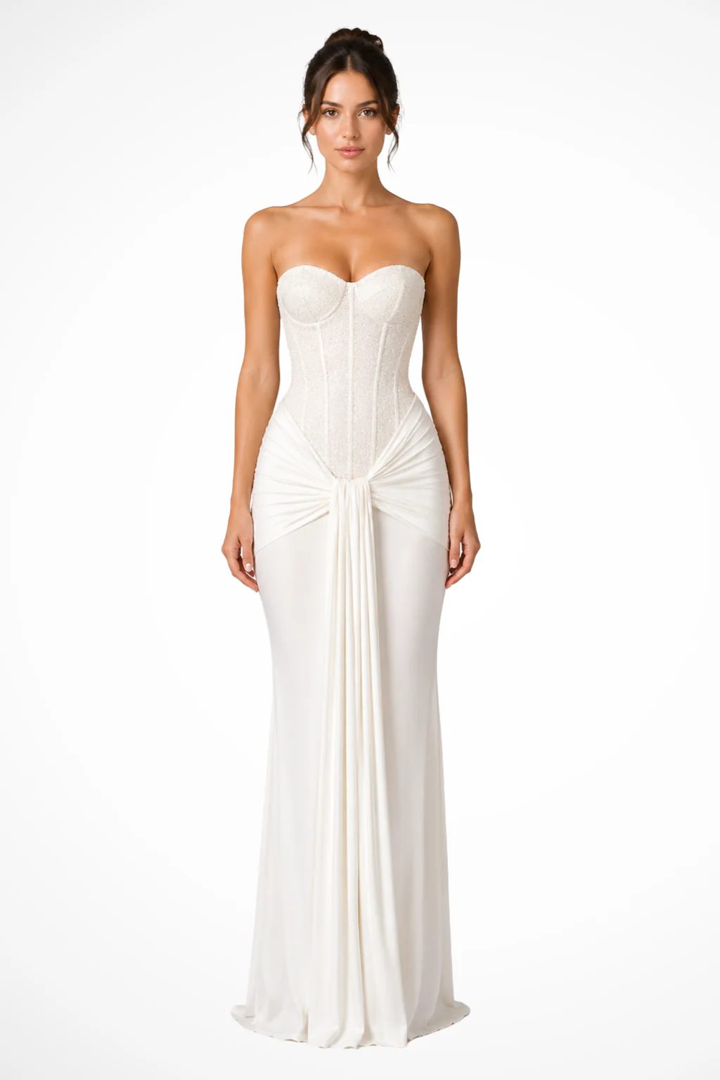 Evangeline | Women Lace Corset Strapless Draped Wedding Guest Maxi Dress - Image 3