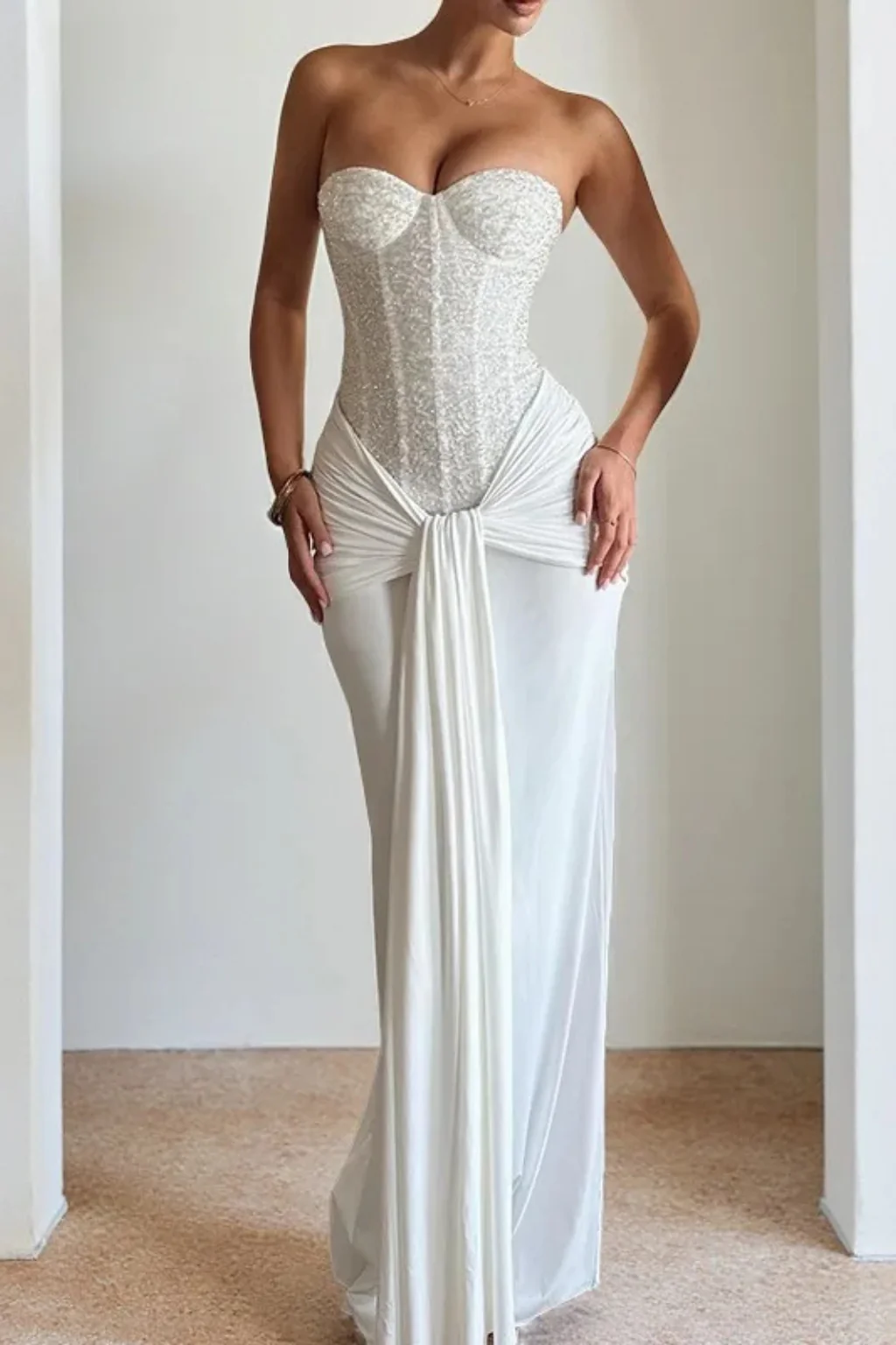 Evangeline | Women Lace Corset Strapless Draped Wedding Guest Maxi Dress - Image 4