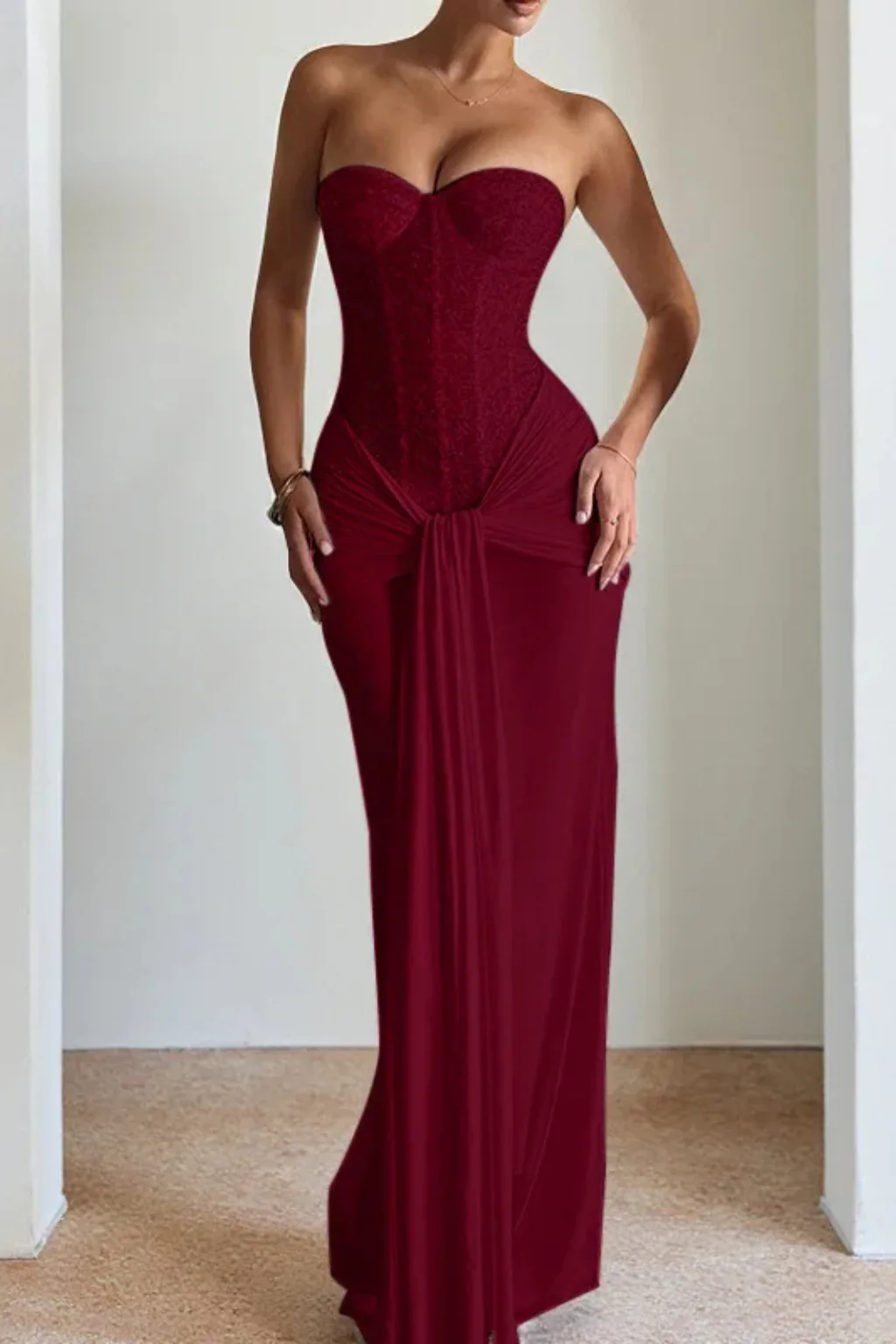 Evangeline | Women Lace Corset Strapless Draped Wedding Guest Maxi Dress - Image 7