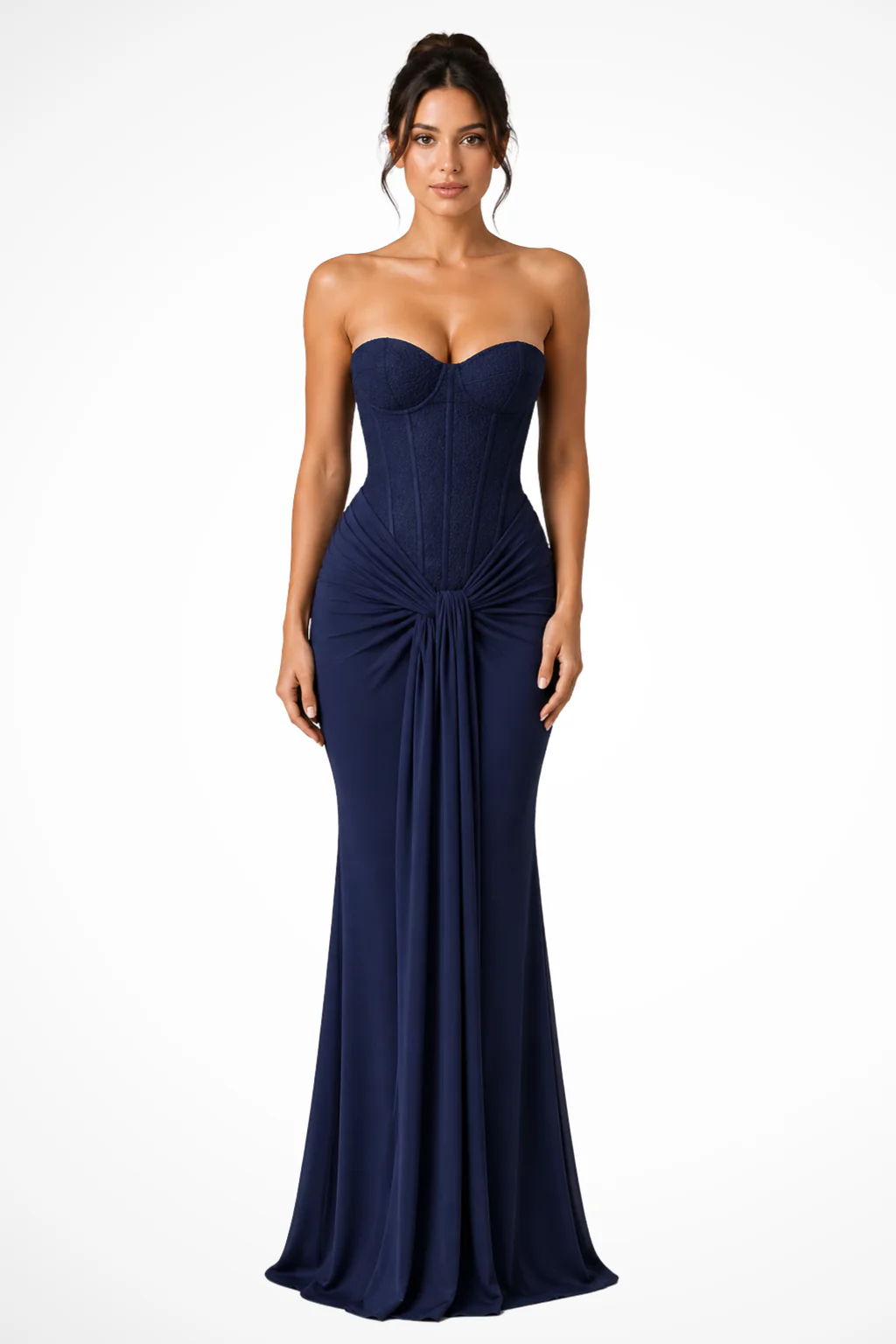 Evangeline | Women Lace Corset Strapless Draped Wedding Guest Maxi Dress - Image 8
