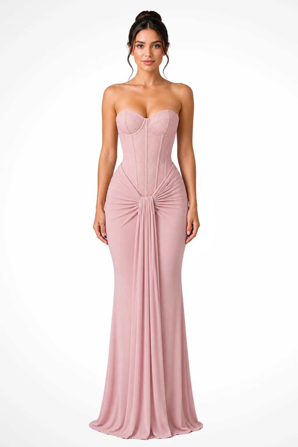 Evangeline | Women Lace Corset Strapless Draped Wedding Guest Maxi Dress - Image 9