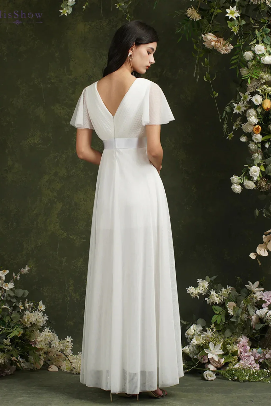 Evangeline | Women Wrap V Neck Satin Waist Chiffon Maxi Wedding Dress - Image 2
