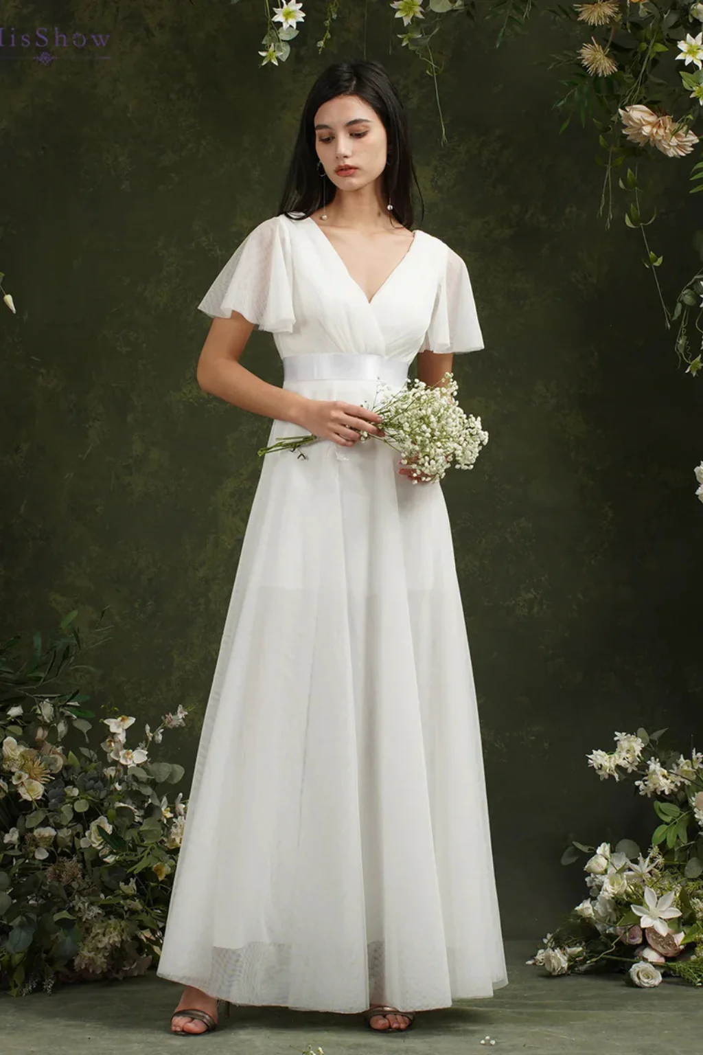 Evangeline | Women Wrap V Neck Satin Waist Chiffon Maxi Wedding Dress - Image 3