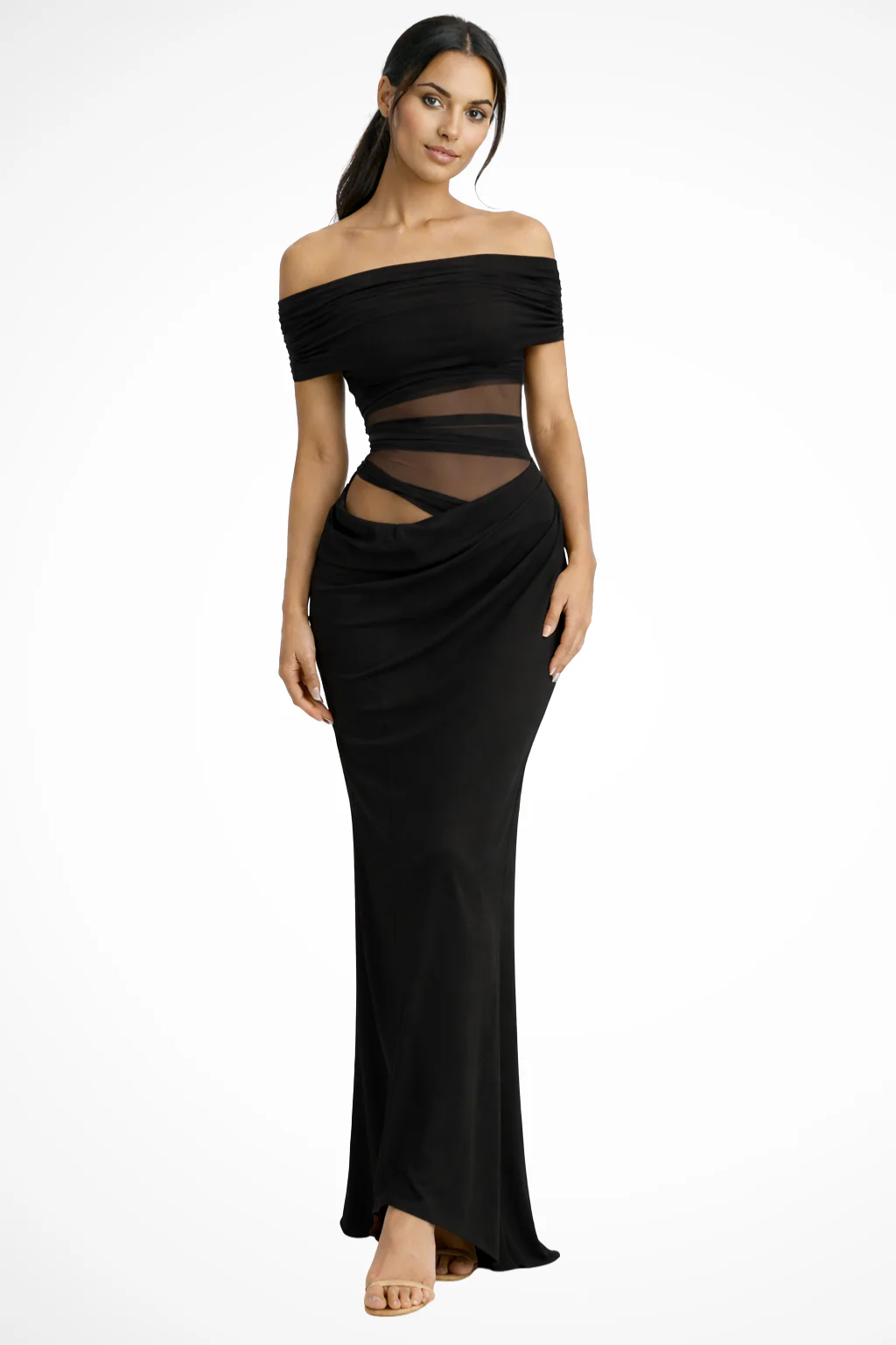 Faith | Women Off Shoulder Ruched Mesh Bodycon Wedding Guest Maxi Dress - Image 6