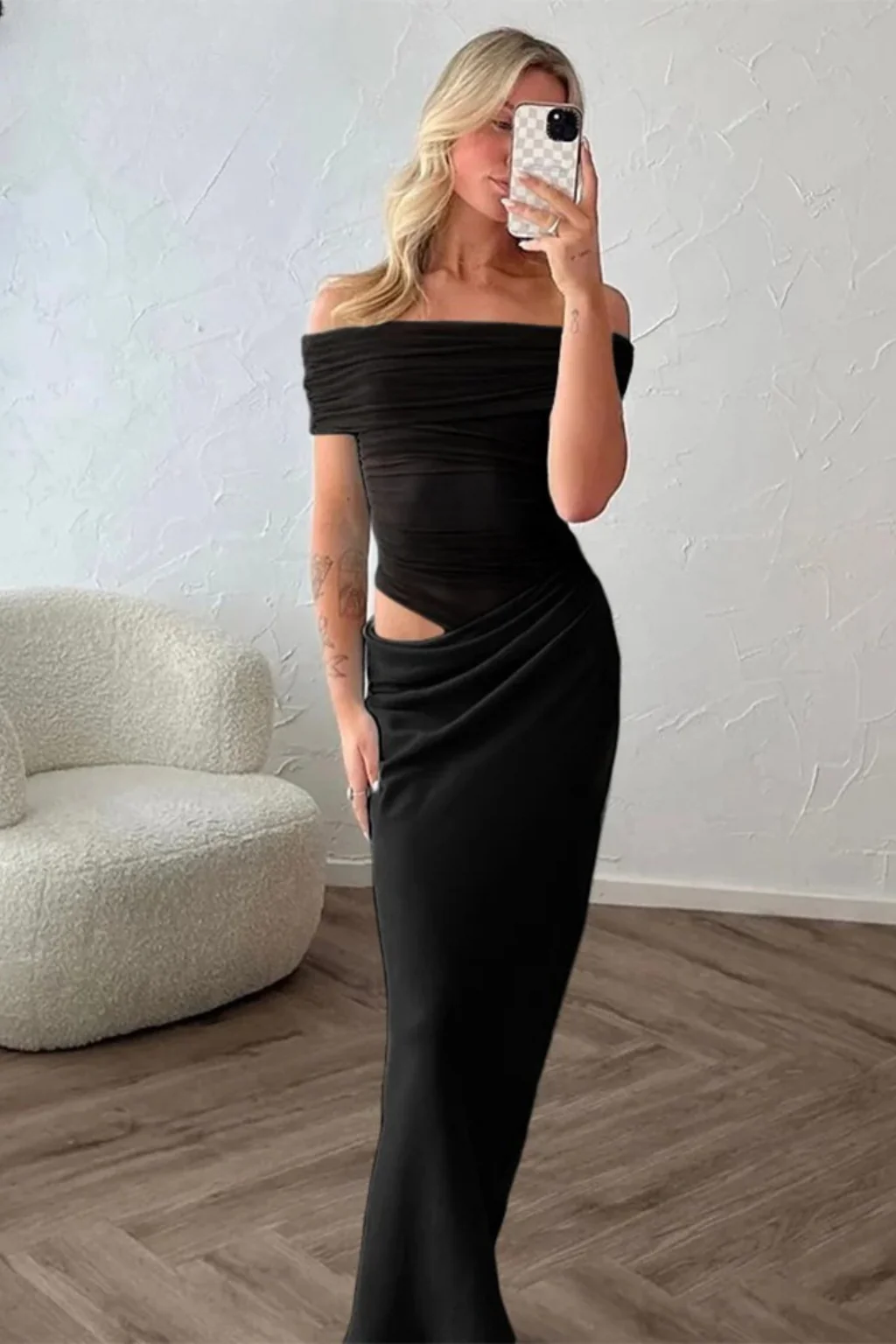 Faith | Women Off Shoulder Ruched Mesh Bodycon Wedding Guest Maxi Dress - Image 8