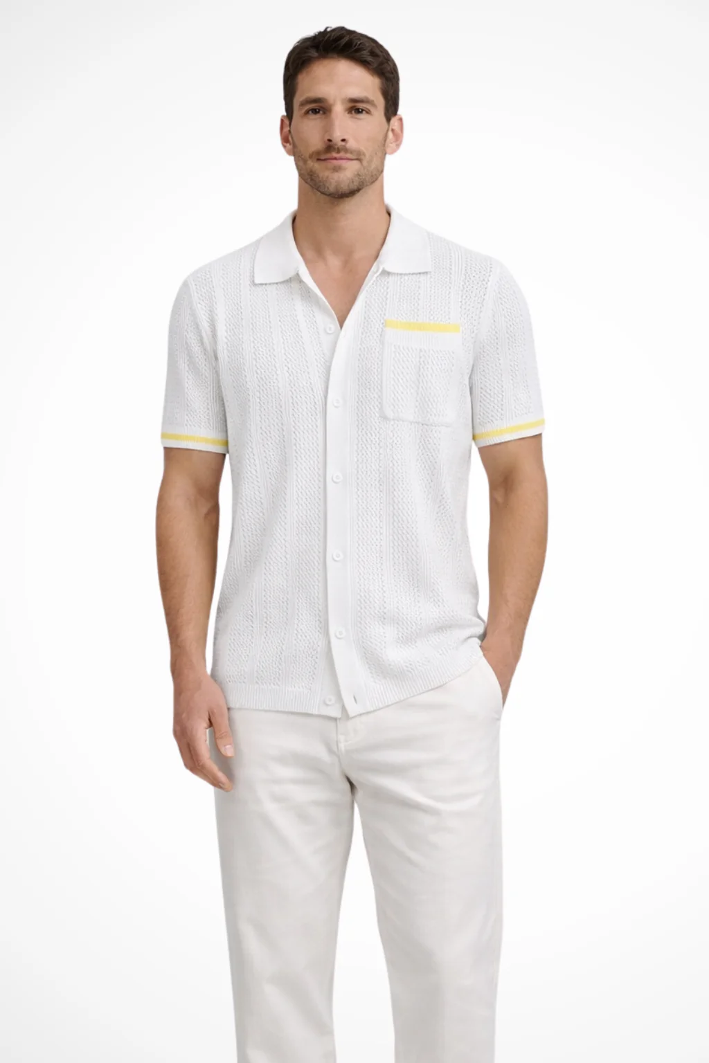 Finlay | Men Short Sleeve Camp Collar Button Front Openwork Knit Shirt with Contrast Trim - Image 7