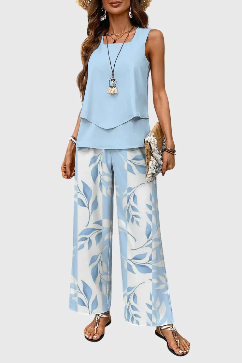 Florentine | Women Layered Sleeveless Top Floral Print Wide Leg Trouser Co Ord Set - Image 2
