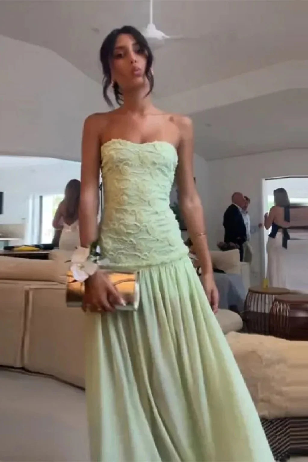 Florette | Women Sage Green Textured Strapless Wedding Guest Maxi Dress - Image 2