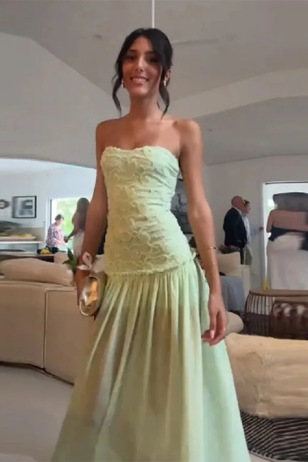 Florette | Women Sage Green Textured Strapless Wedding Guest Maxi Dress - Image 3