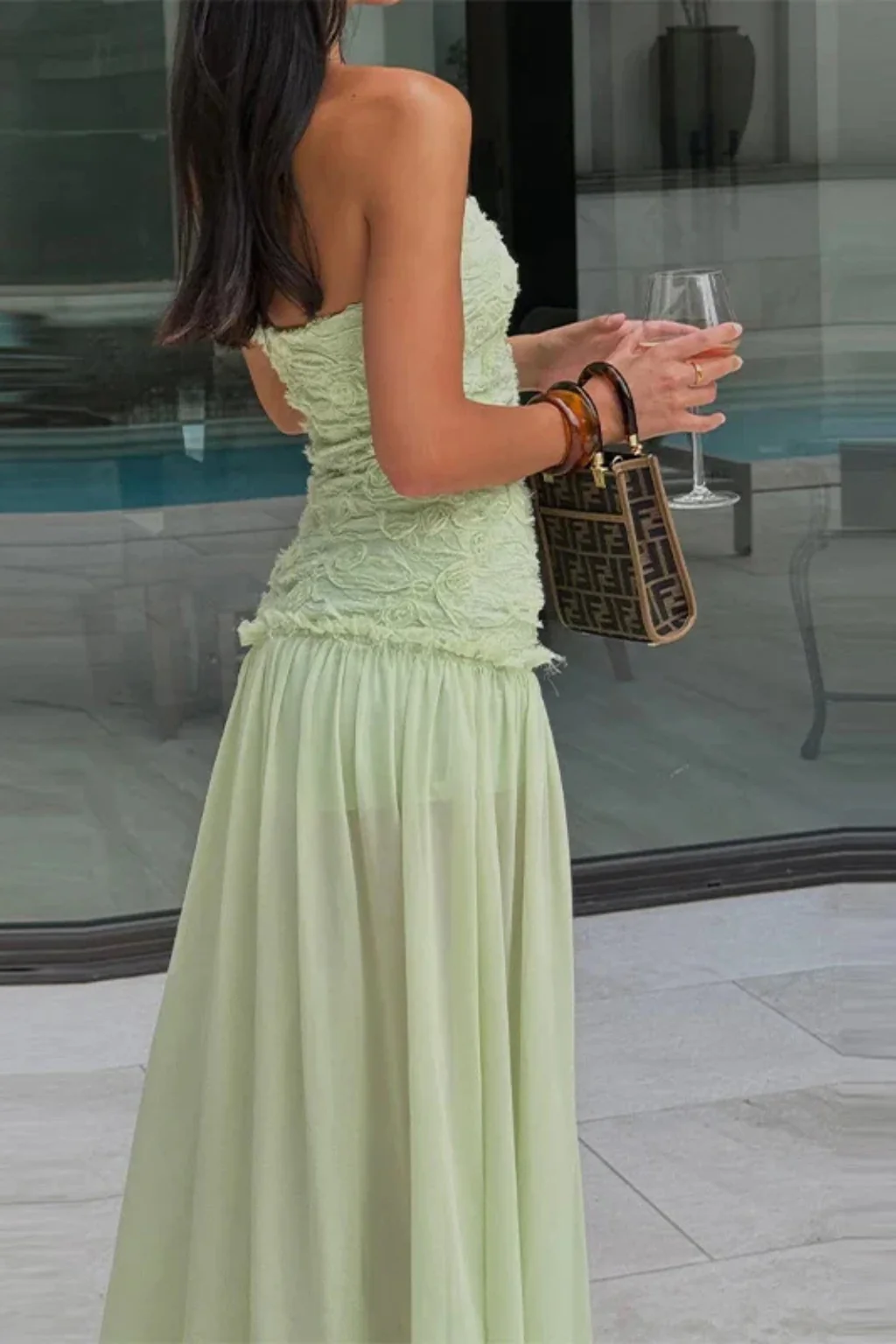 Florette | Women Sage Green Textured Strapless Wedding Guest Maxi Dress - Image 4
