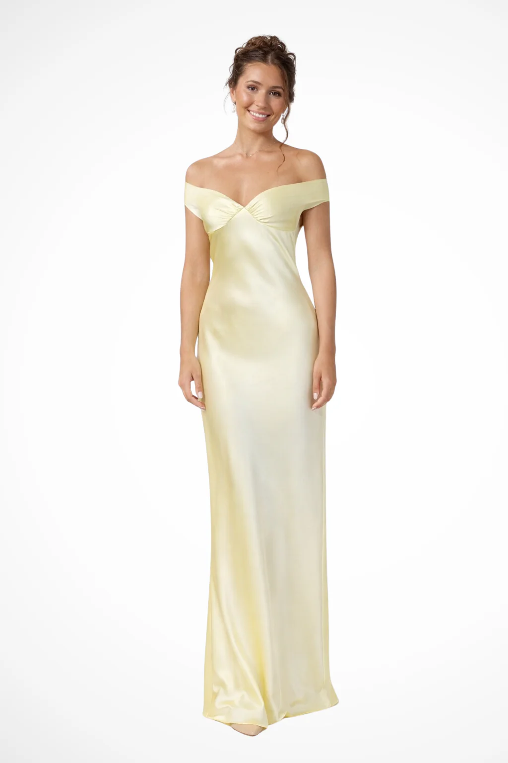 Genevieve | Women Butter Yellow Satin Off Shoulder Wedding Guest Maxi Dress