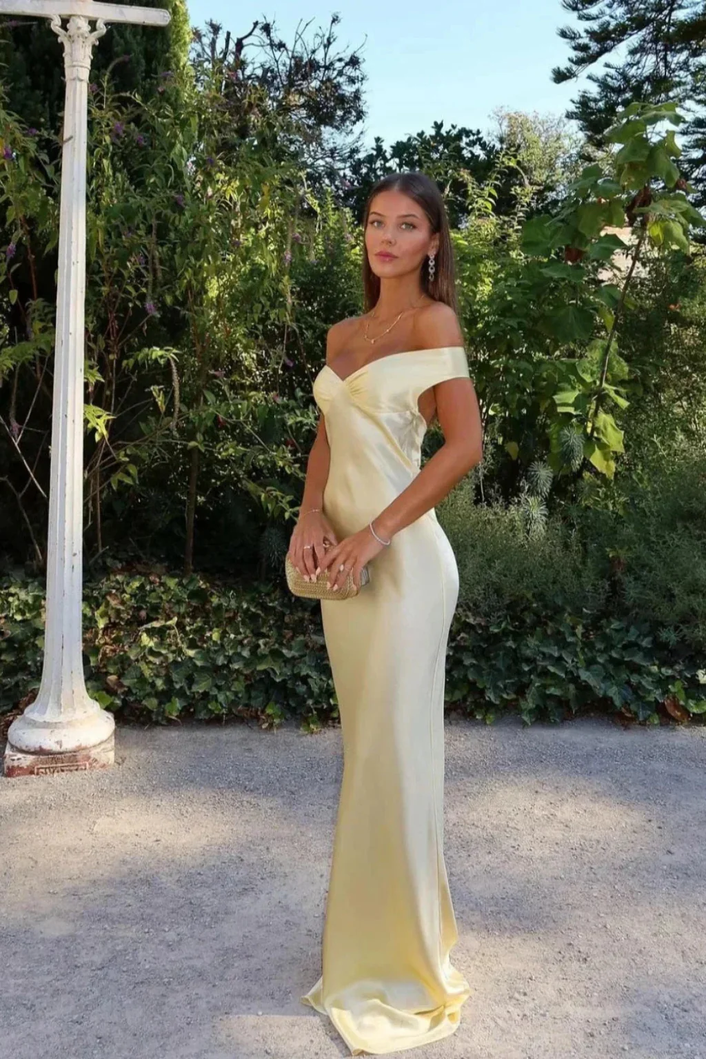 Genevieve | Women Butter Yellow Satin Off Shoulder Wedding Guest Maxi Dress - Image 10