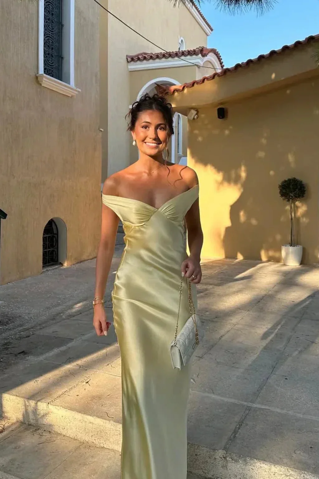 Genevieve | Women Butter Yellow Satin Off Shoulder Wedding Guest Maxi Dress - Image 6
