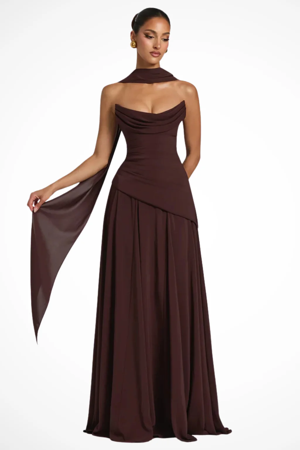 Genevieve | Women Cowl Neck Strapless Wedding Guest Maxi Dress with Scarf Detail