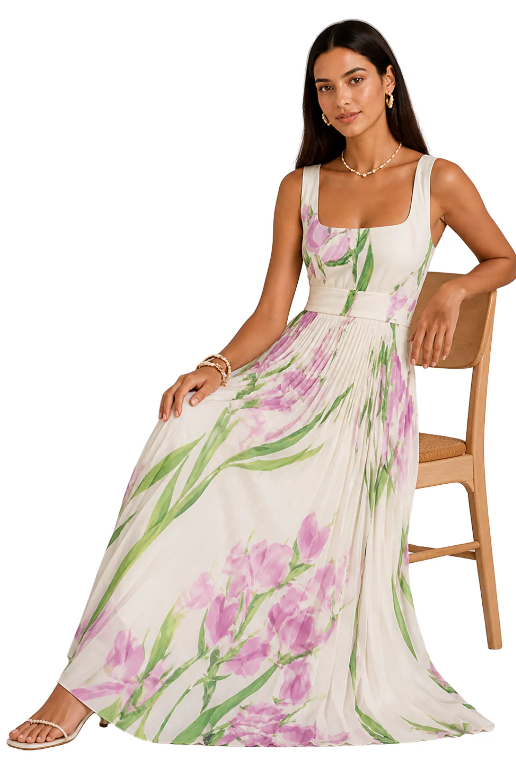 Genevieve | Women Floral Pleated Square Neck Wedding Guest Maxi Dress - Image 3